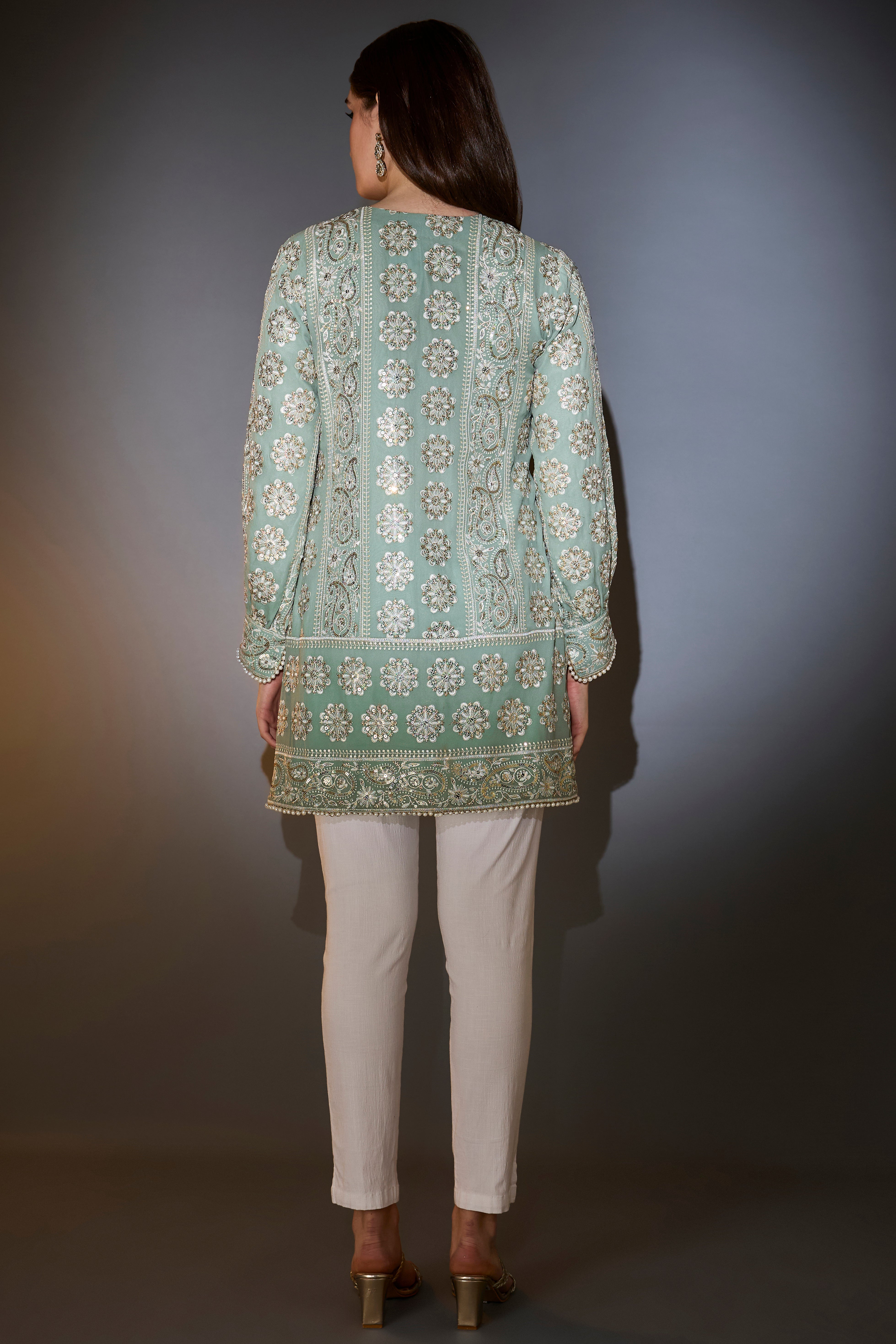 Sage green chikankari tunic with sequins.