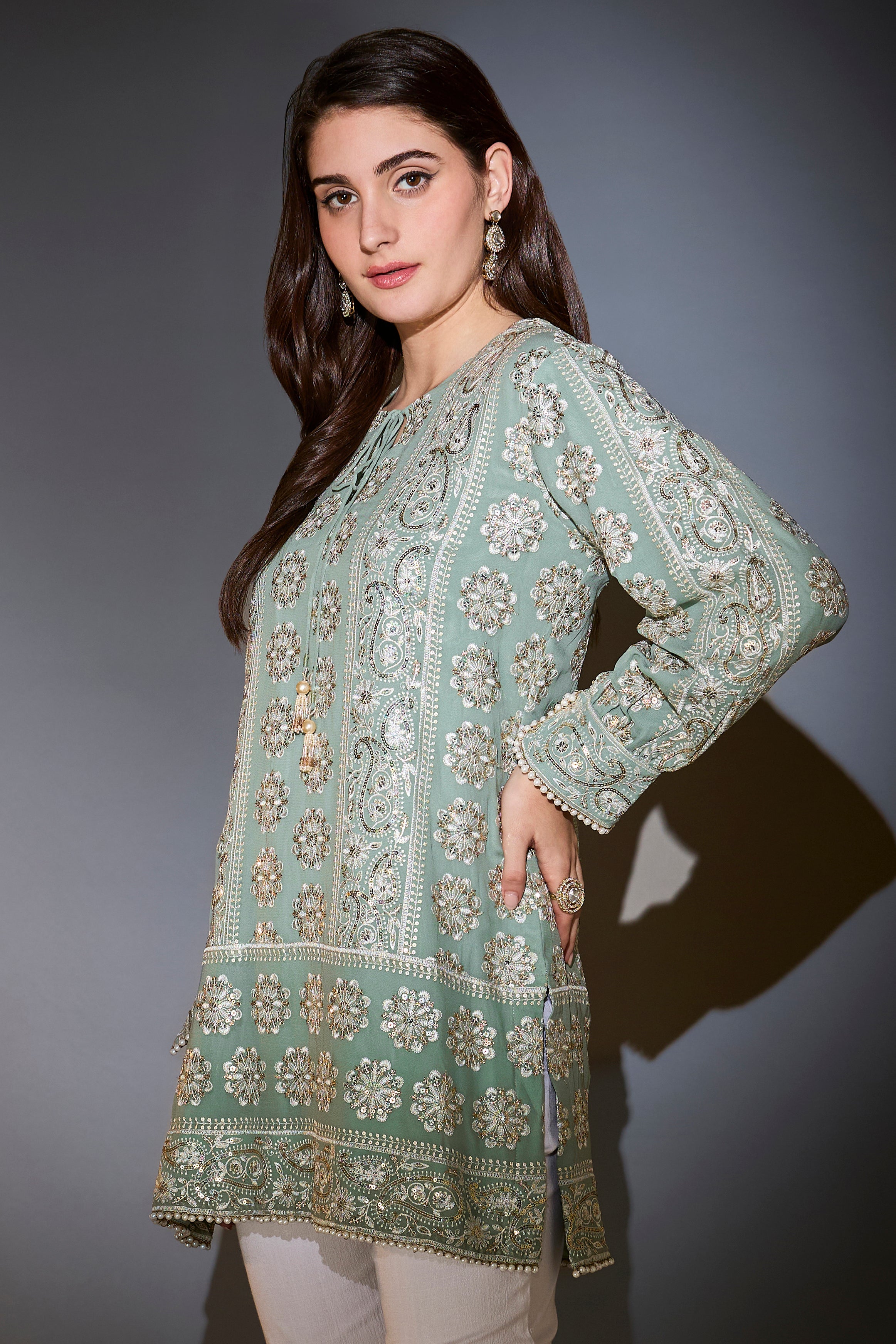 Sage green chikankari tunic with sequins.