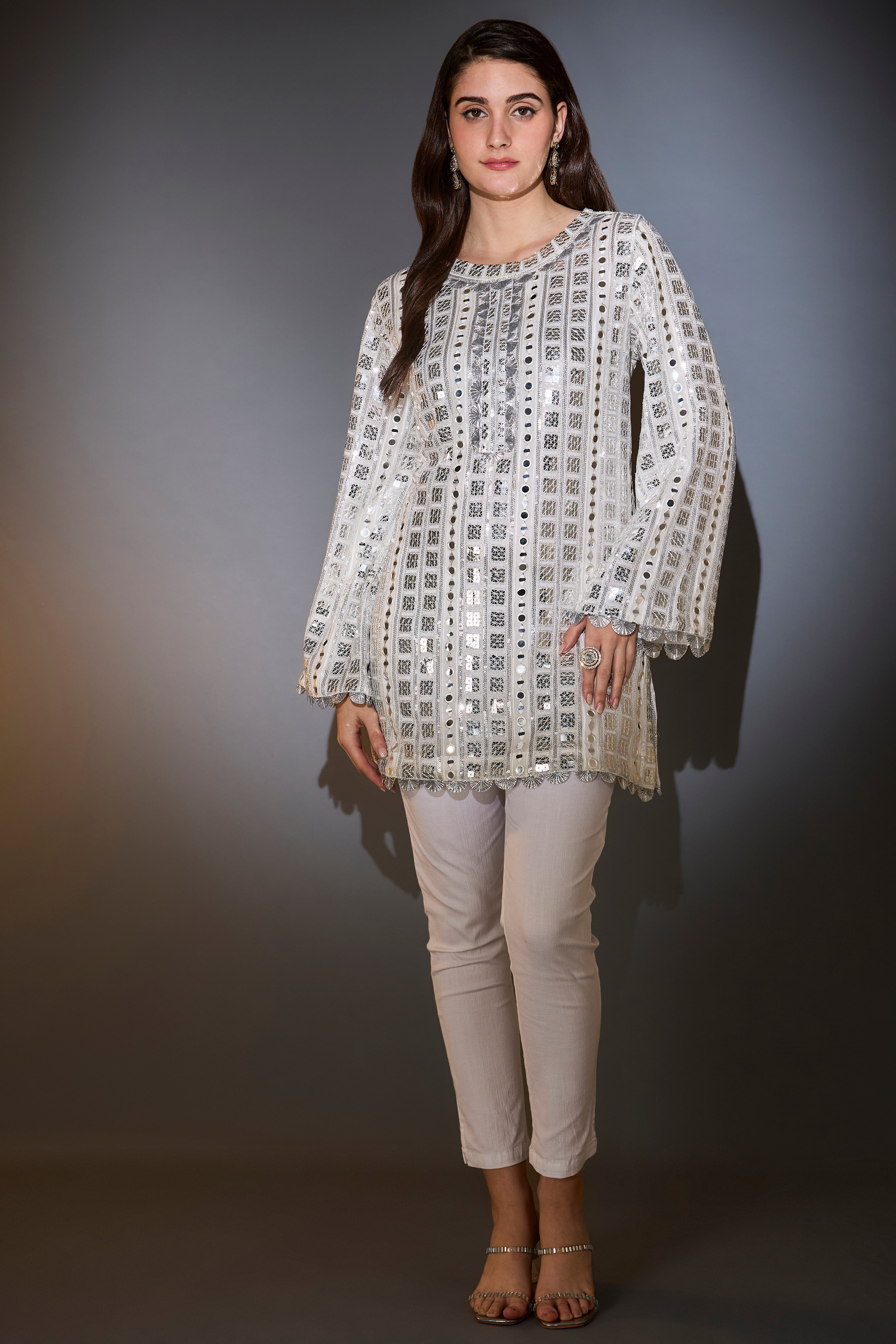 White heavy mirror-work tunic.