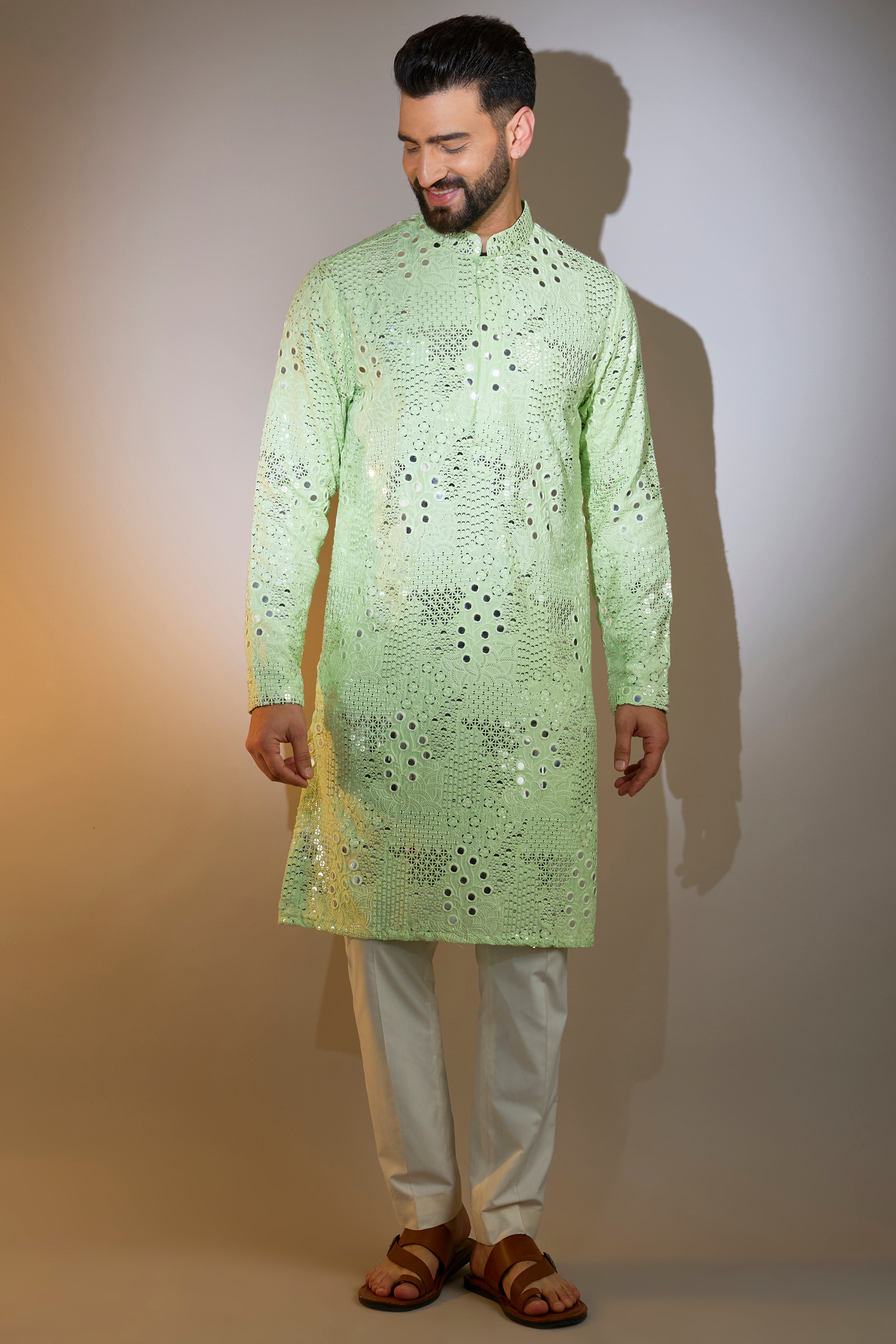 pastel green mirror work kurta