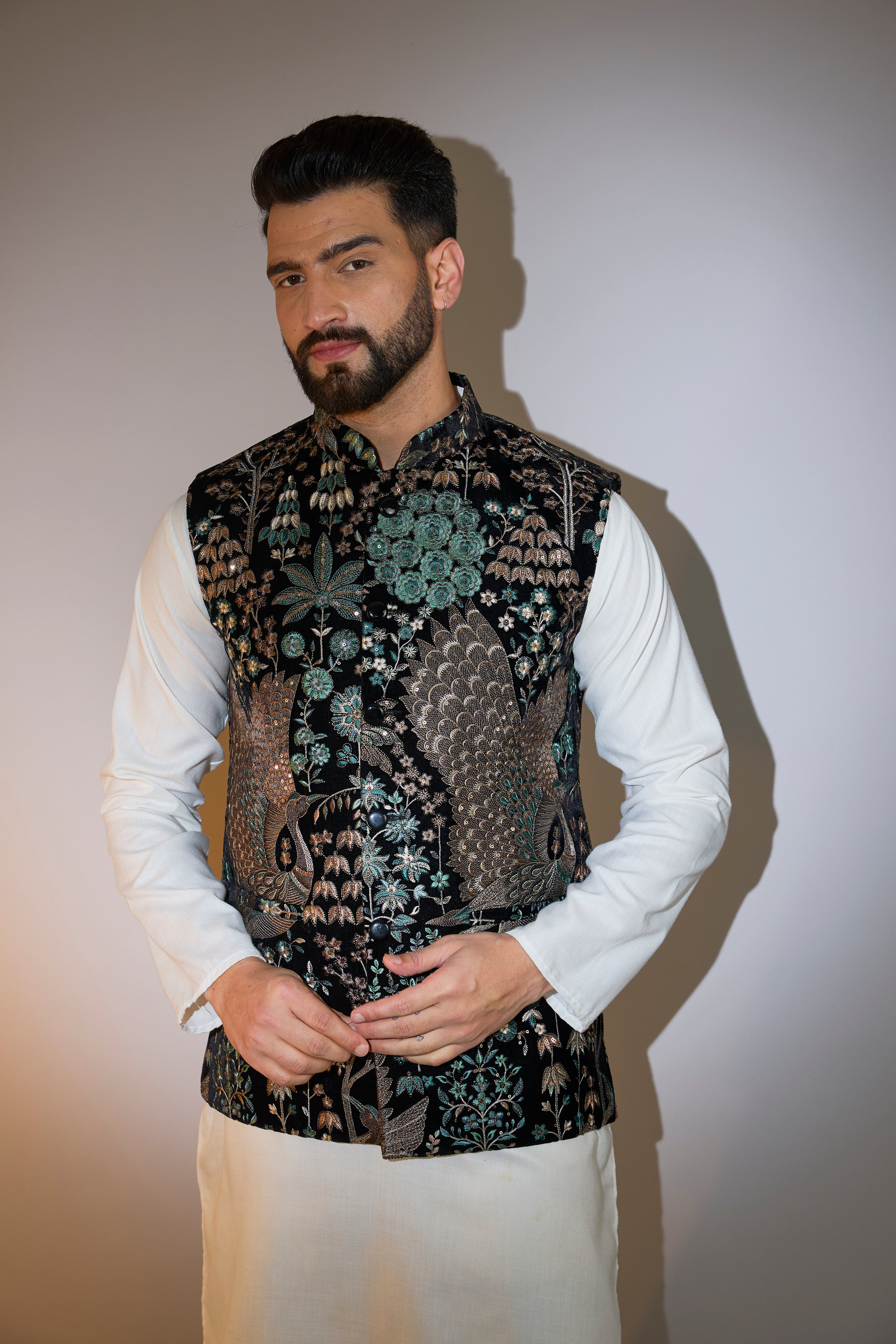 black flora and fauna short nehru jacket