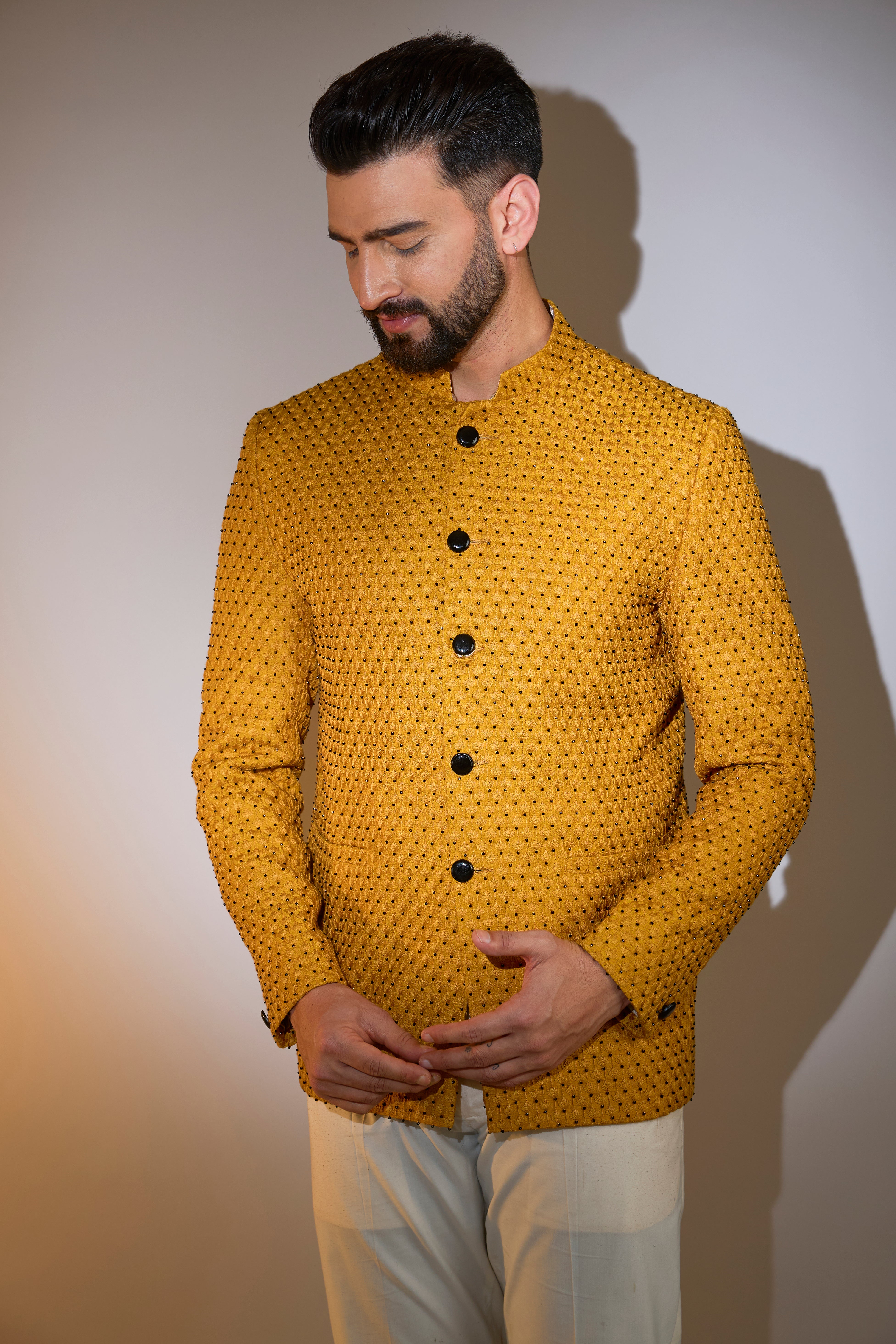 mustard bandgala with intricate cut dana embroidery