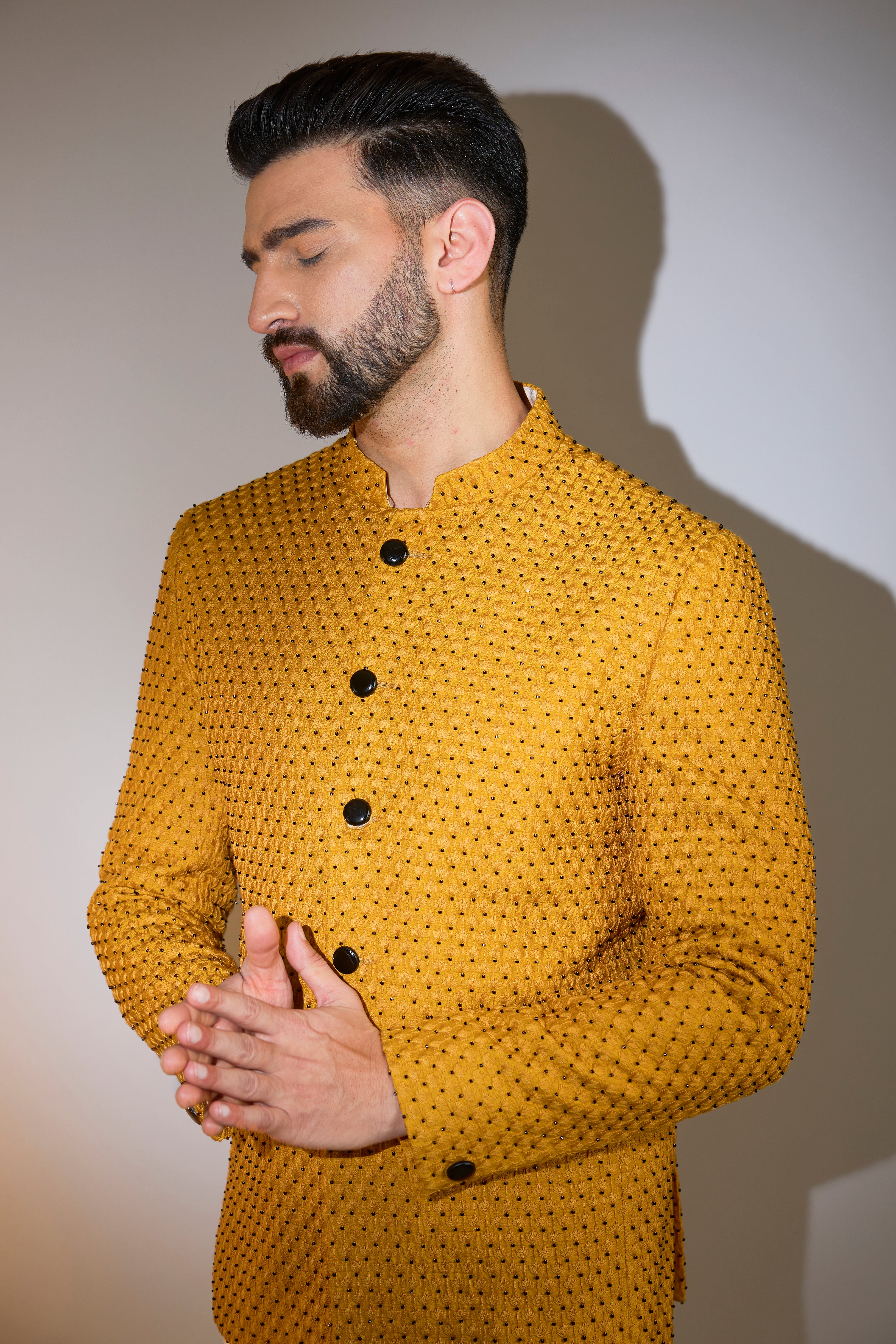 mustard bandgala with intricate cut dana embroidery