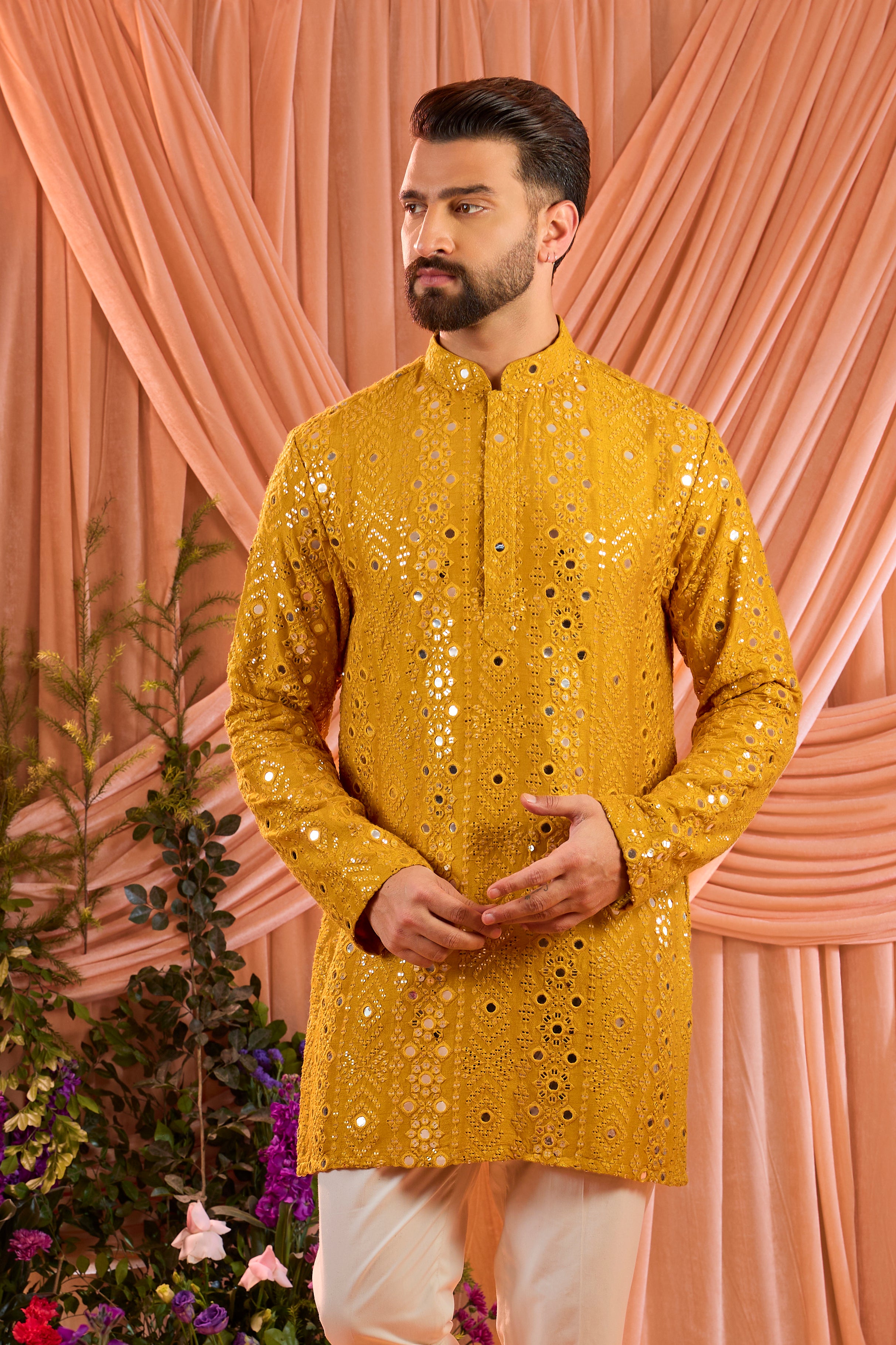 Signature  mustard short mirror work kurta