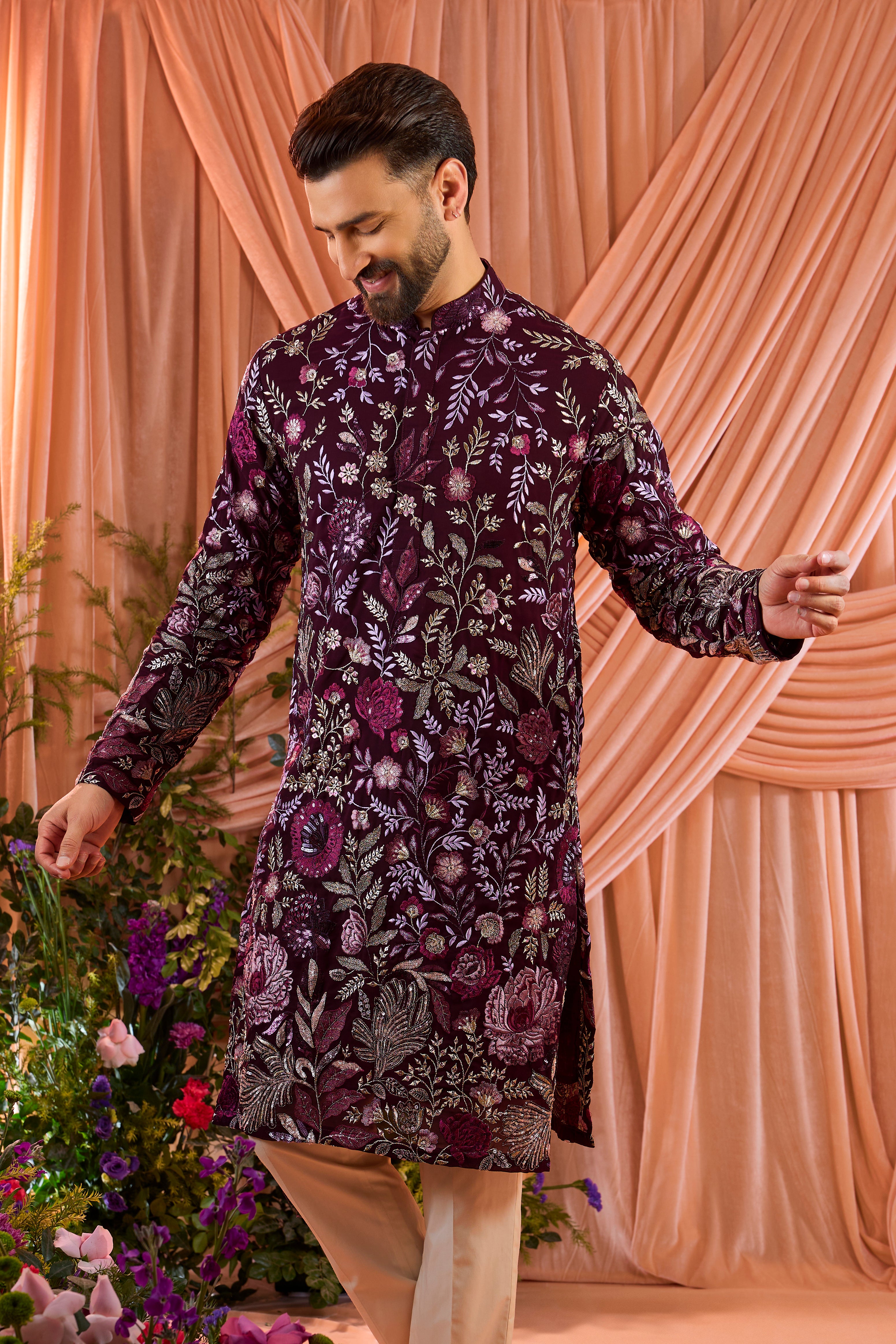 Wine floral kurta with intricate multi thread work and sequin