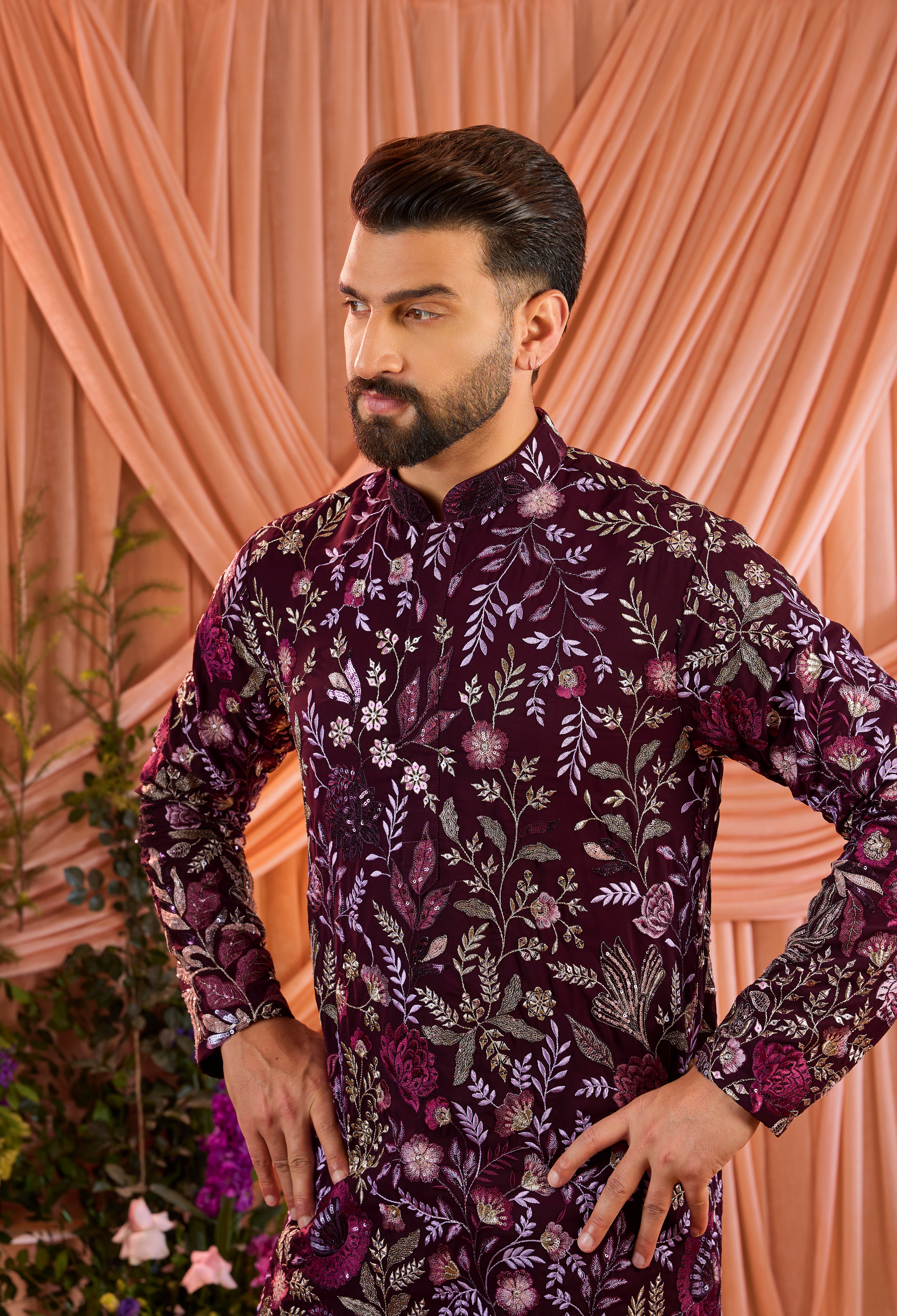 Wine floral kurta with intricate multi thread work and sequin