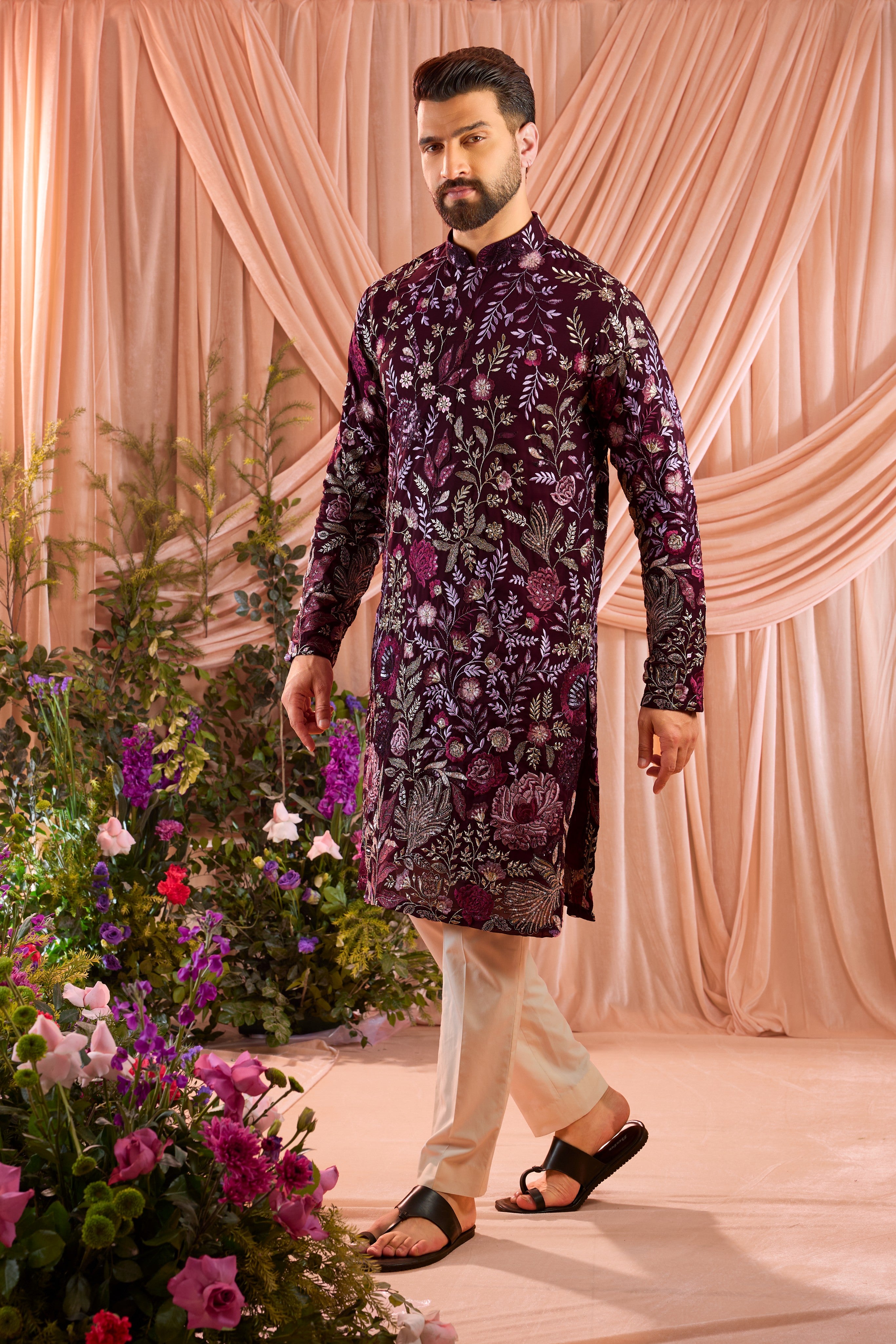 Wine floral kurta with intricate multi thread work and sequin