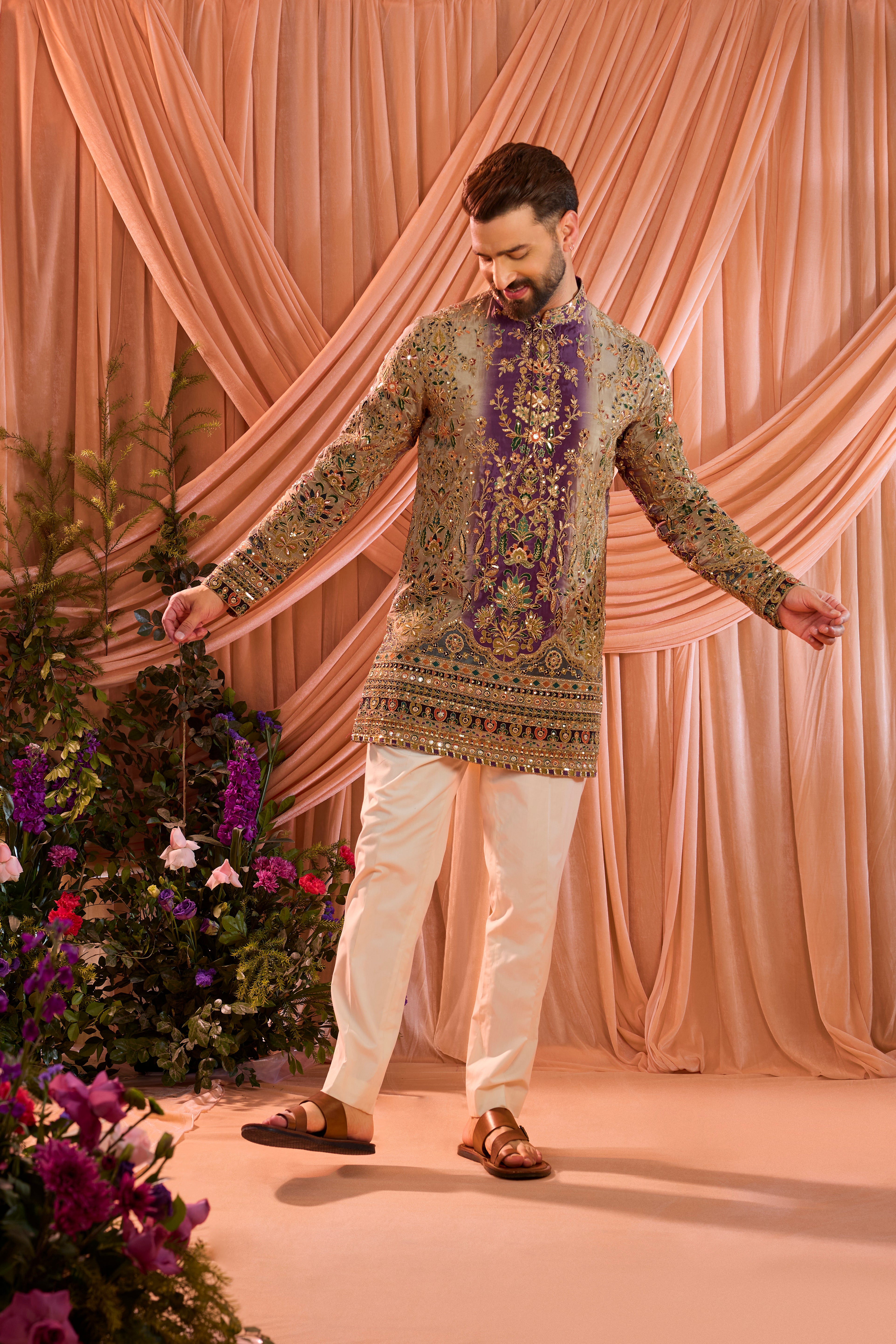Purple and gold short kurta with detailed floral embroidery