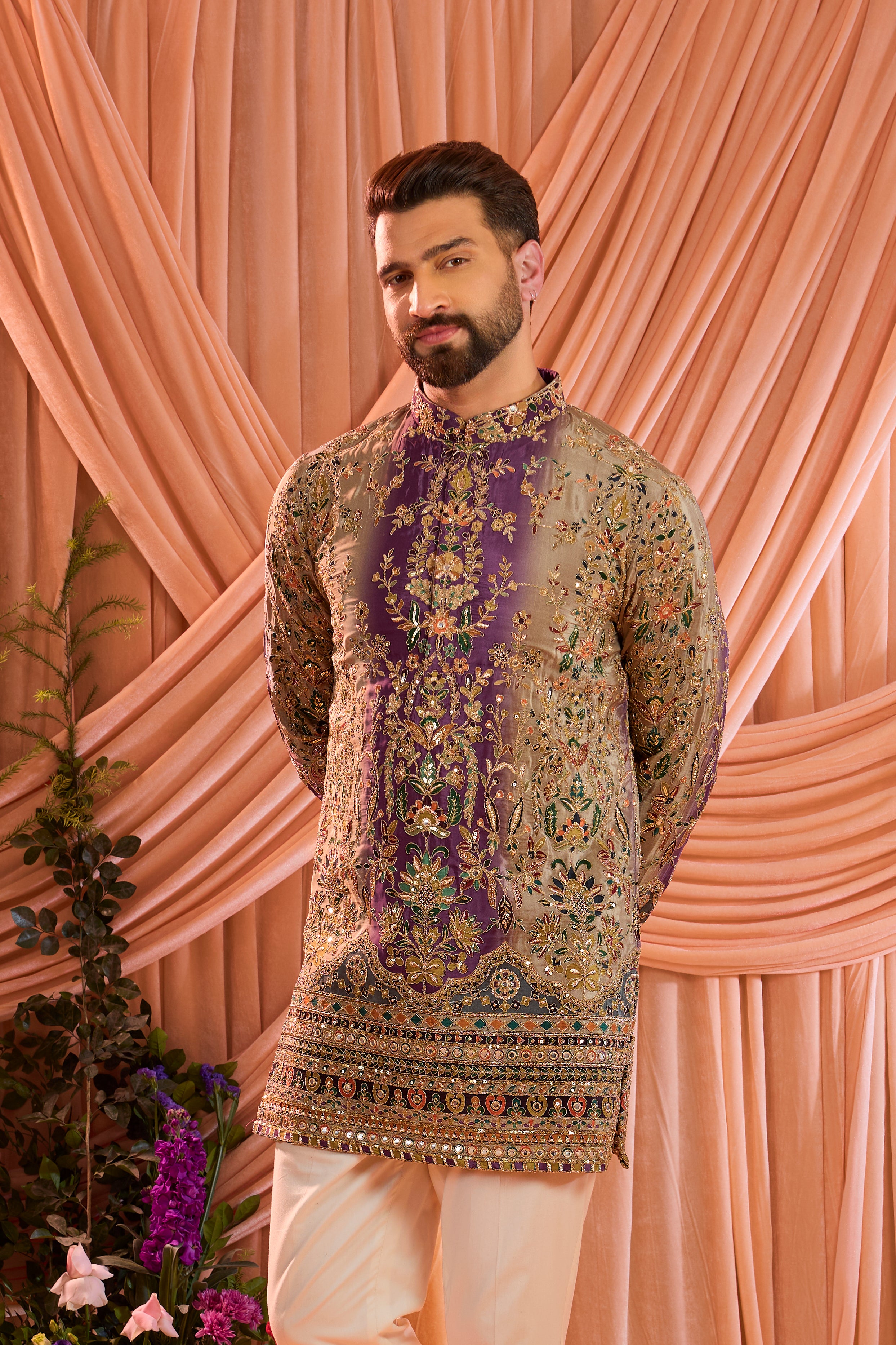 Purple and gold short kurta with detailed floral embroidery