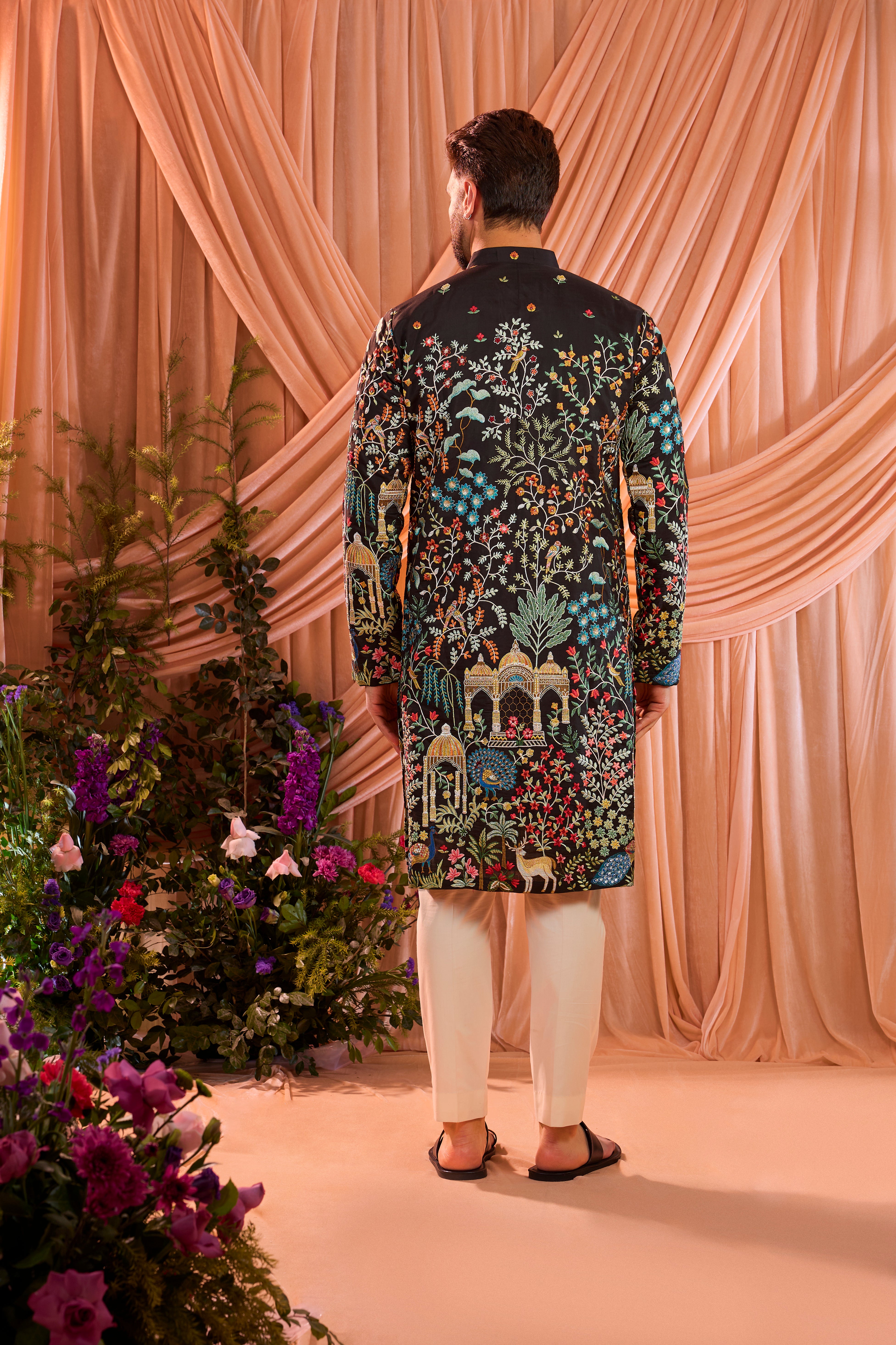 Black royal heritage long kurta with detailed mughal darbars and floral embroidery