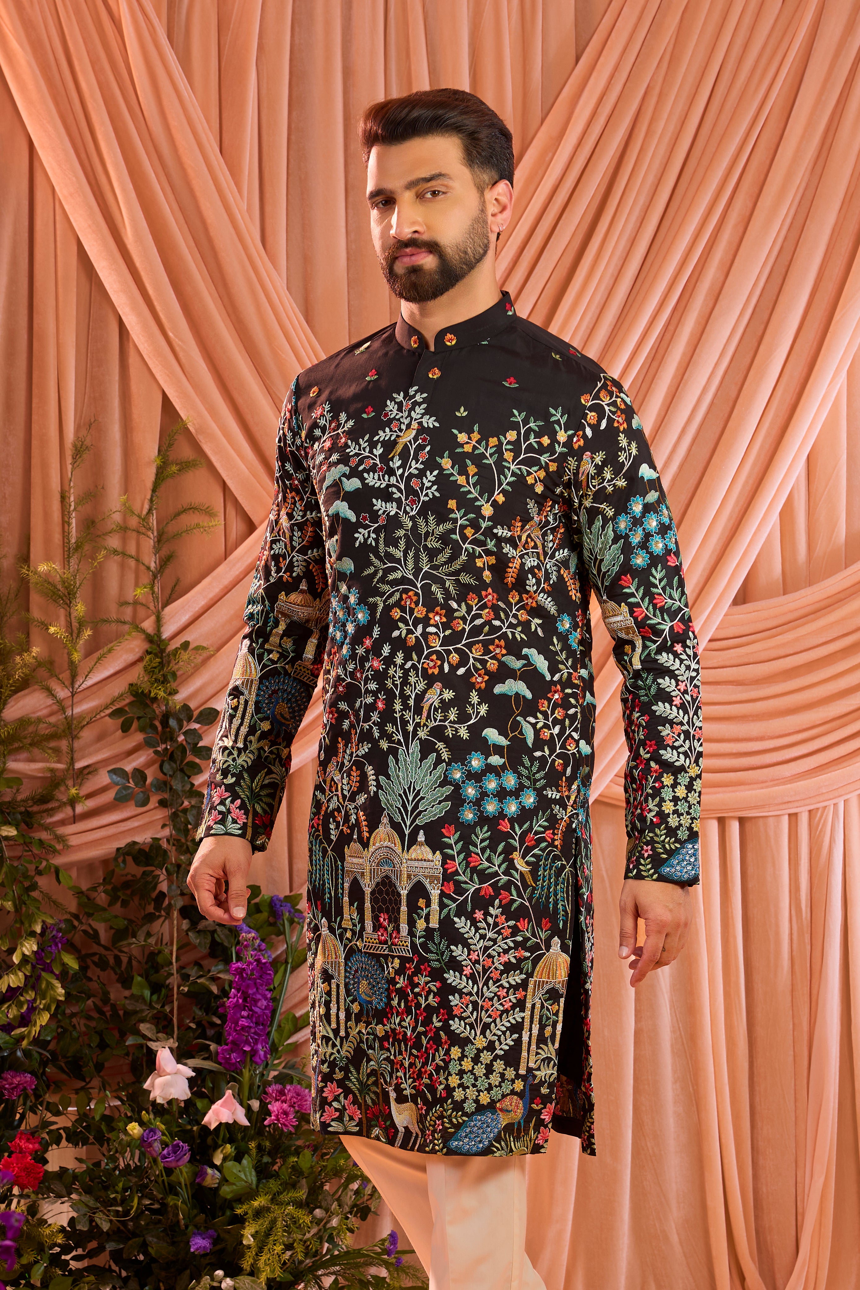 Black royal heritage long kurta with detailed mughal darbars and floral embroidery