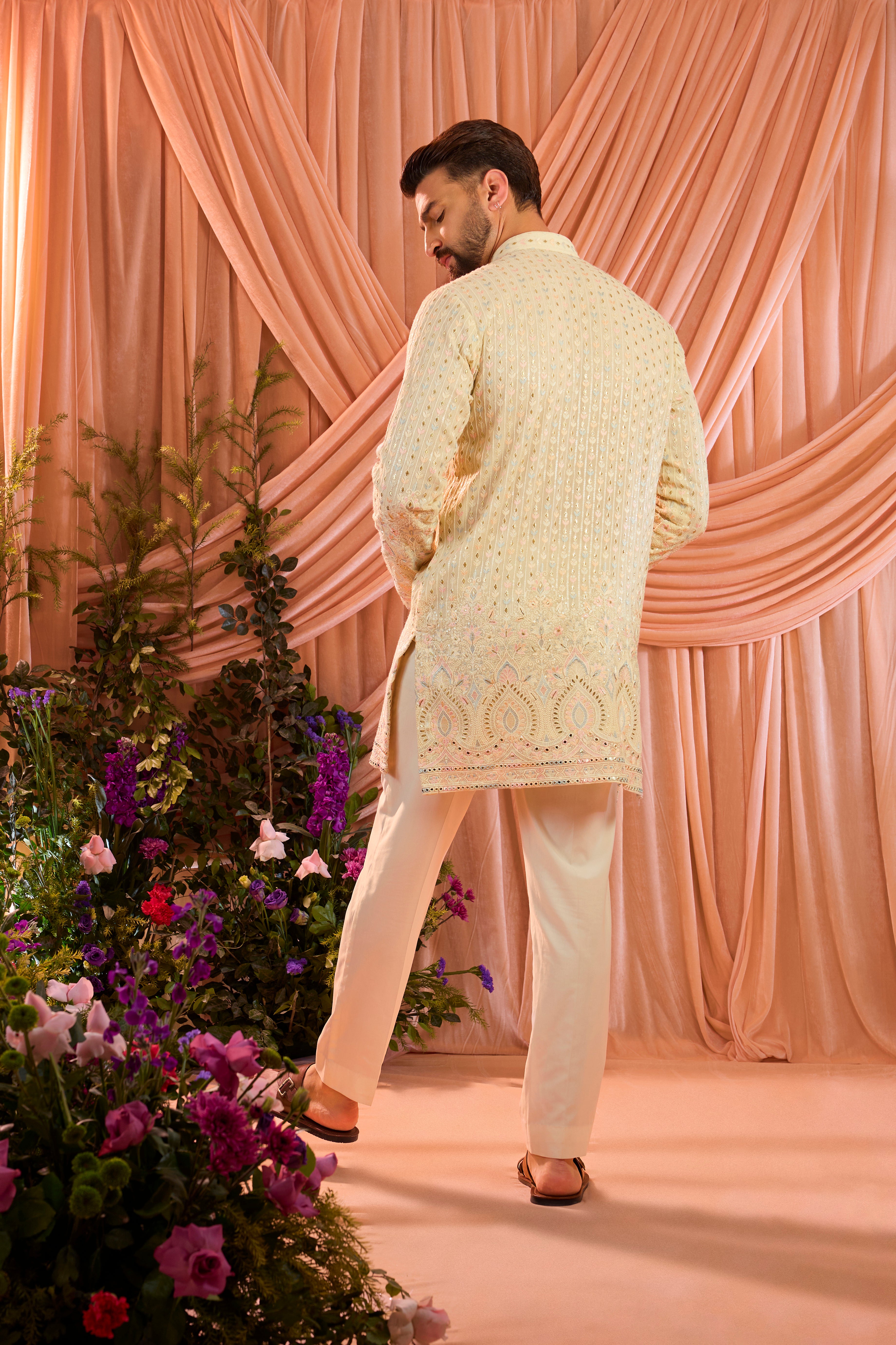 Cream short multi thread work kurta