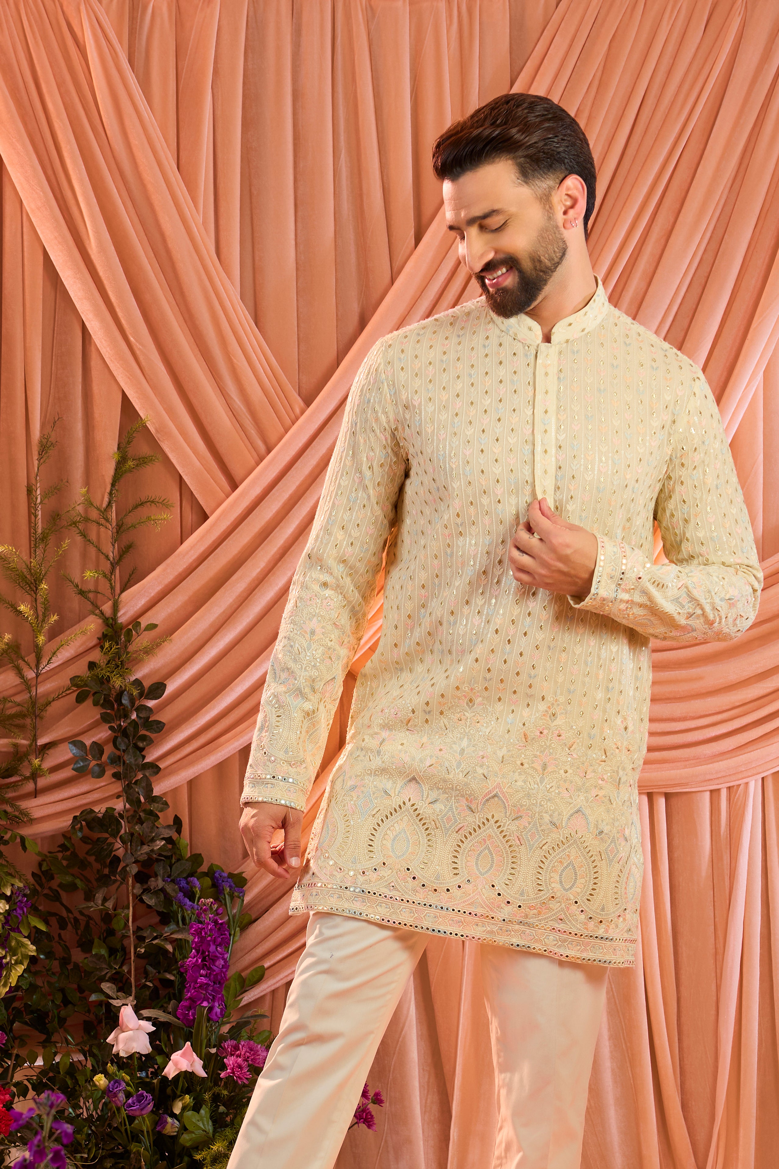 Cream short multi thread work kurta