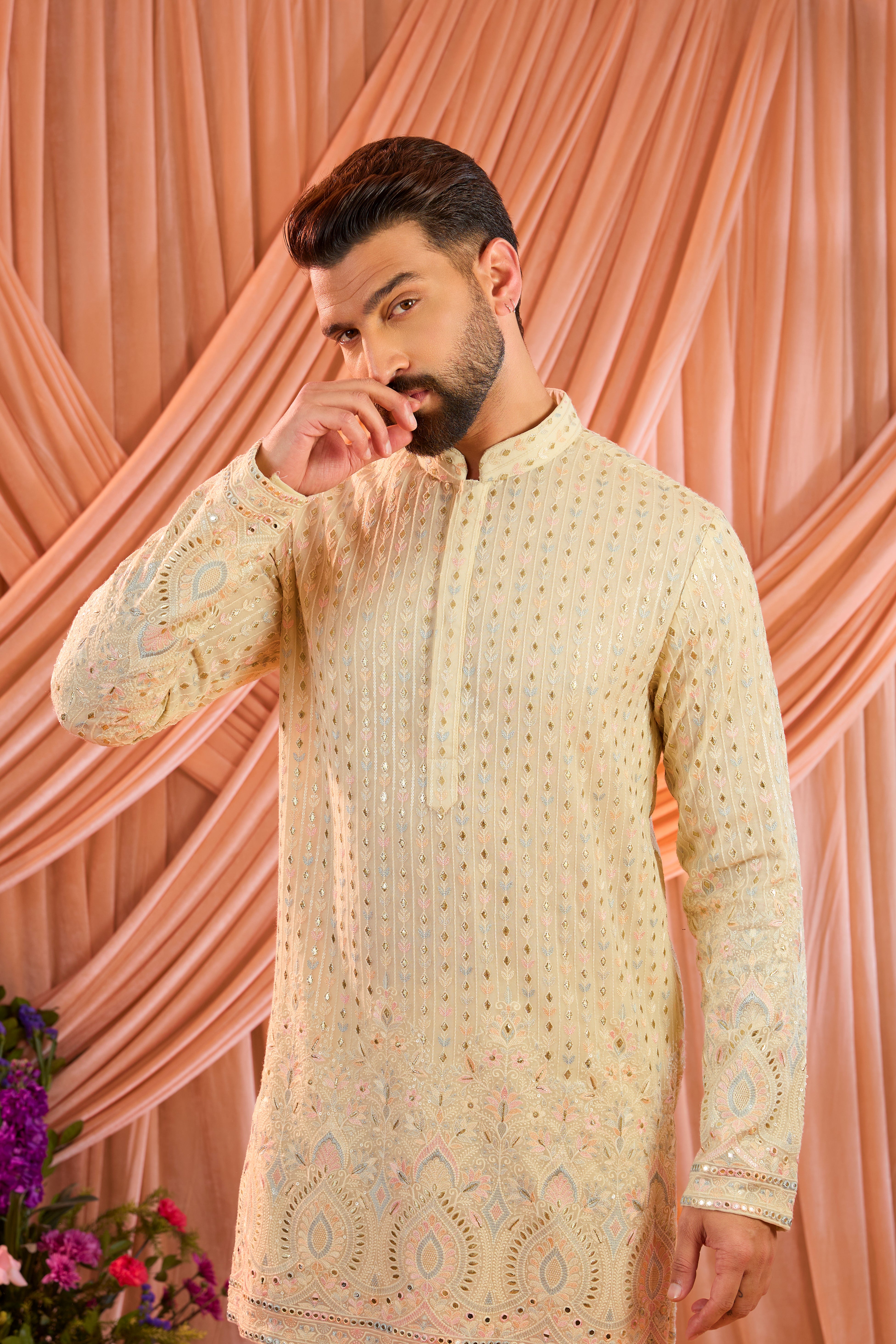 Cream short multi thread work kurta