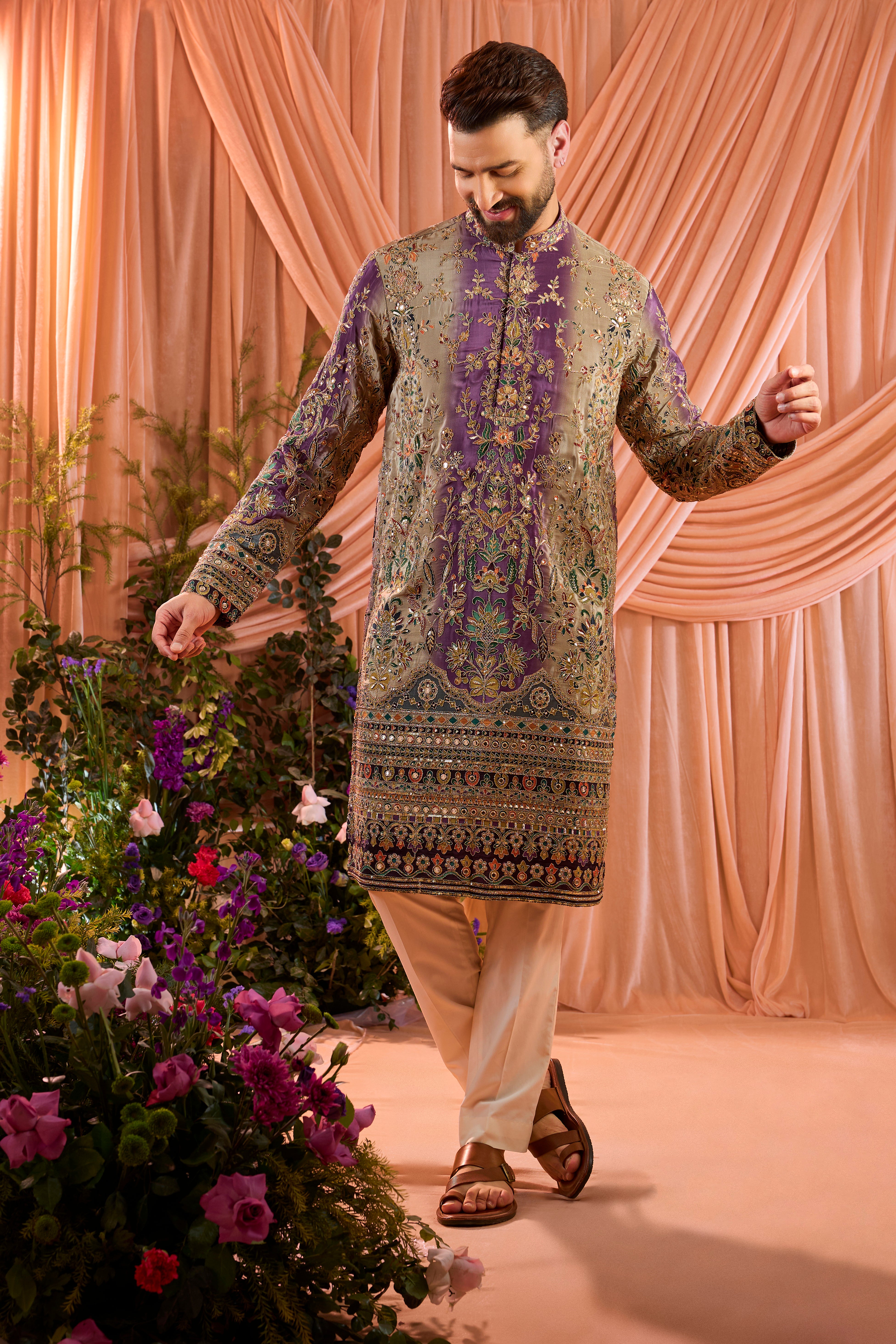 Purple and gold  kurta with detailed floral embroidery and zari