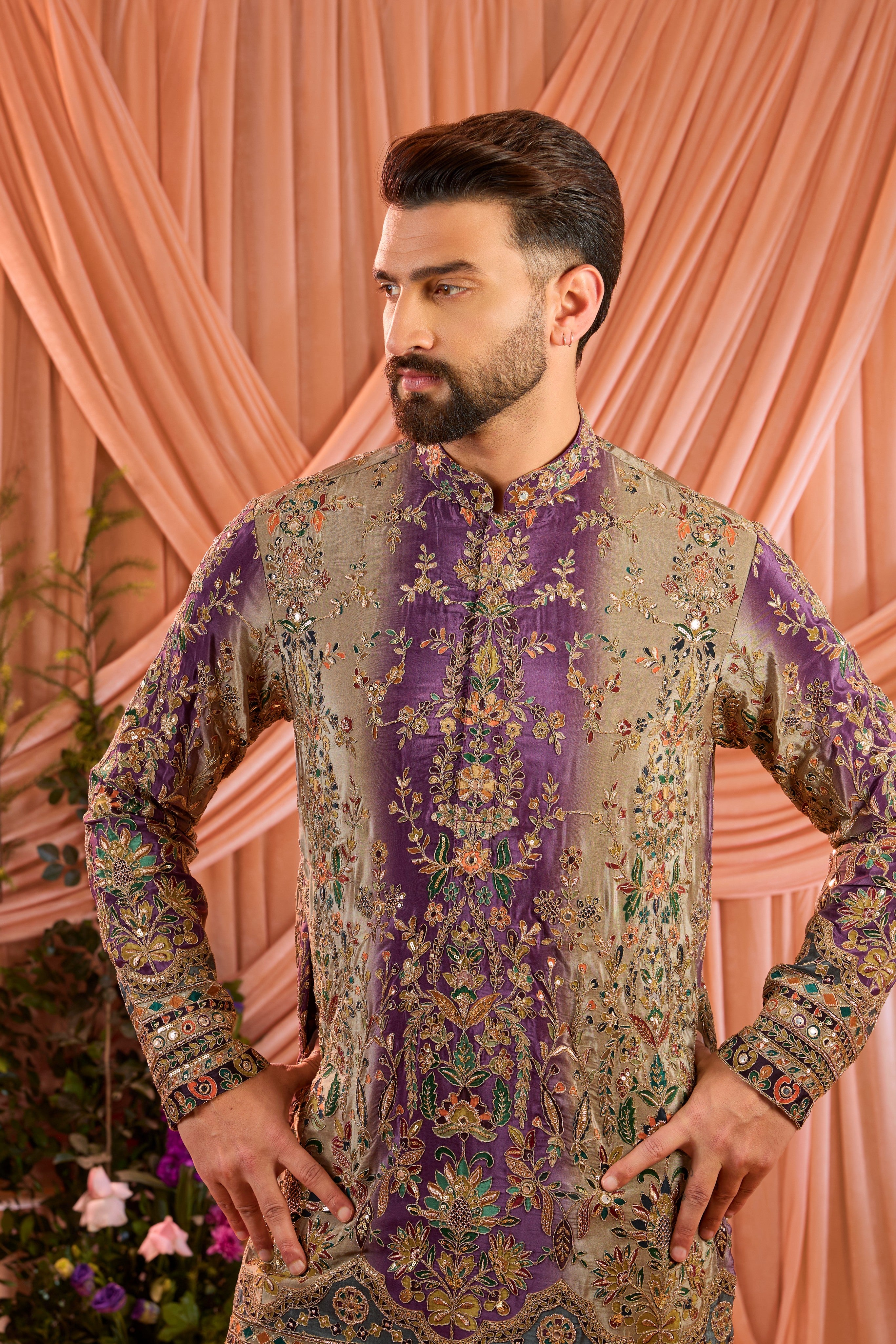 Purple and gold  kurta with detailed floral embroidery and zari