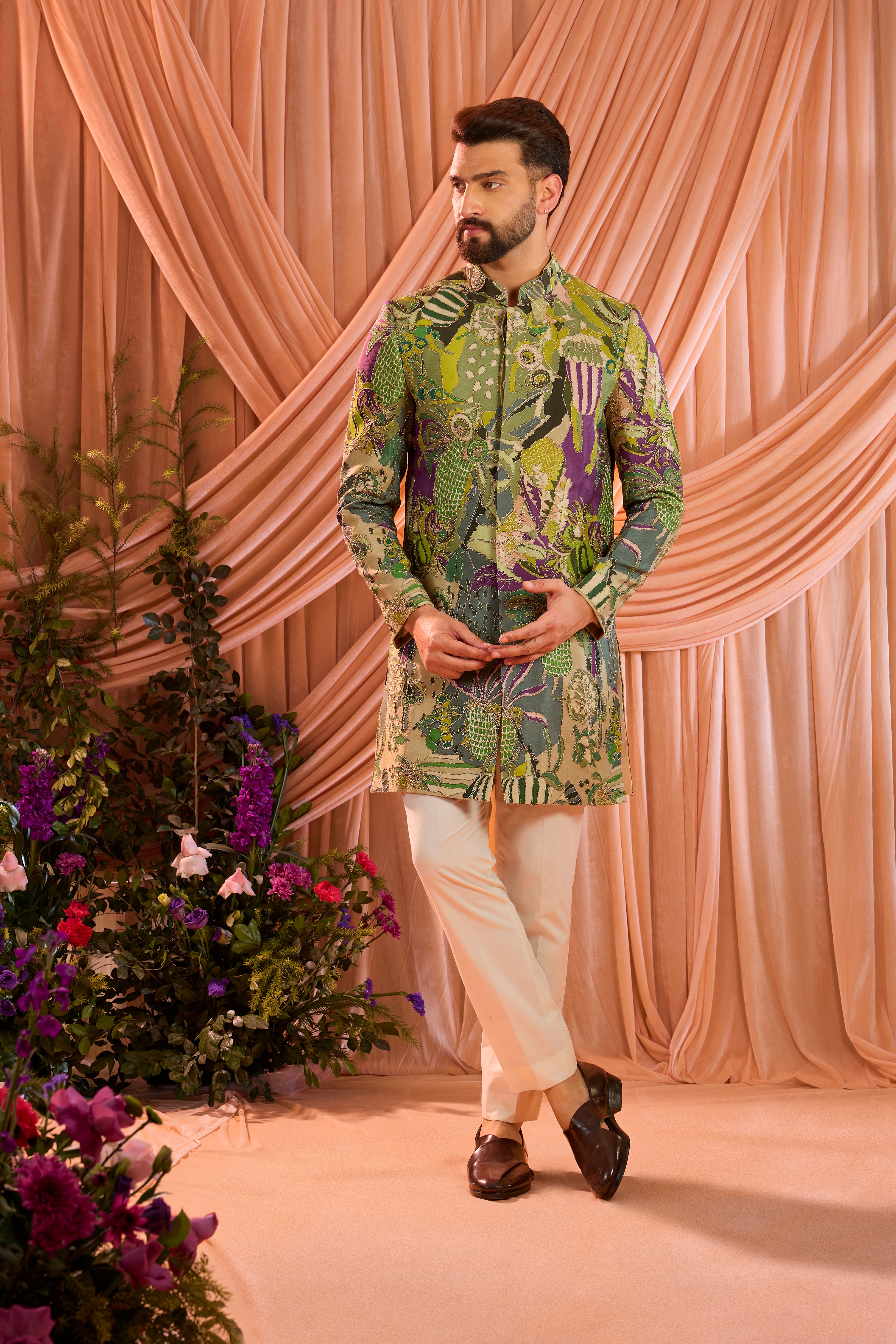 Green and purple short abstract indowestern