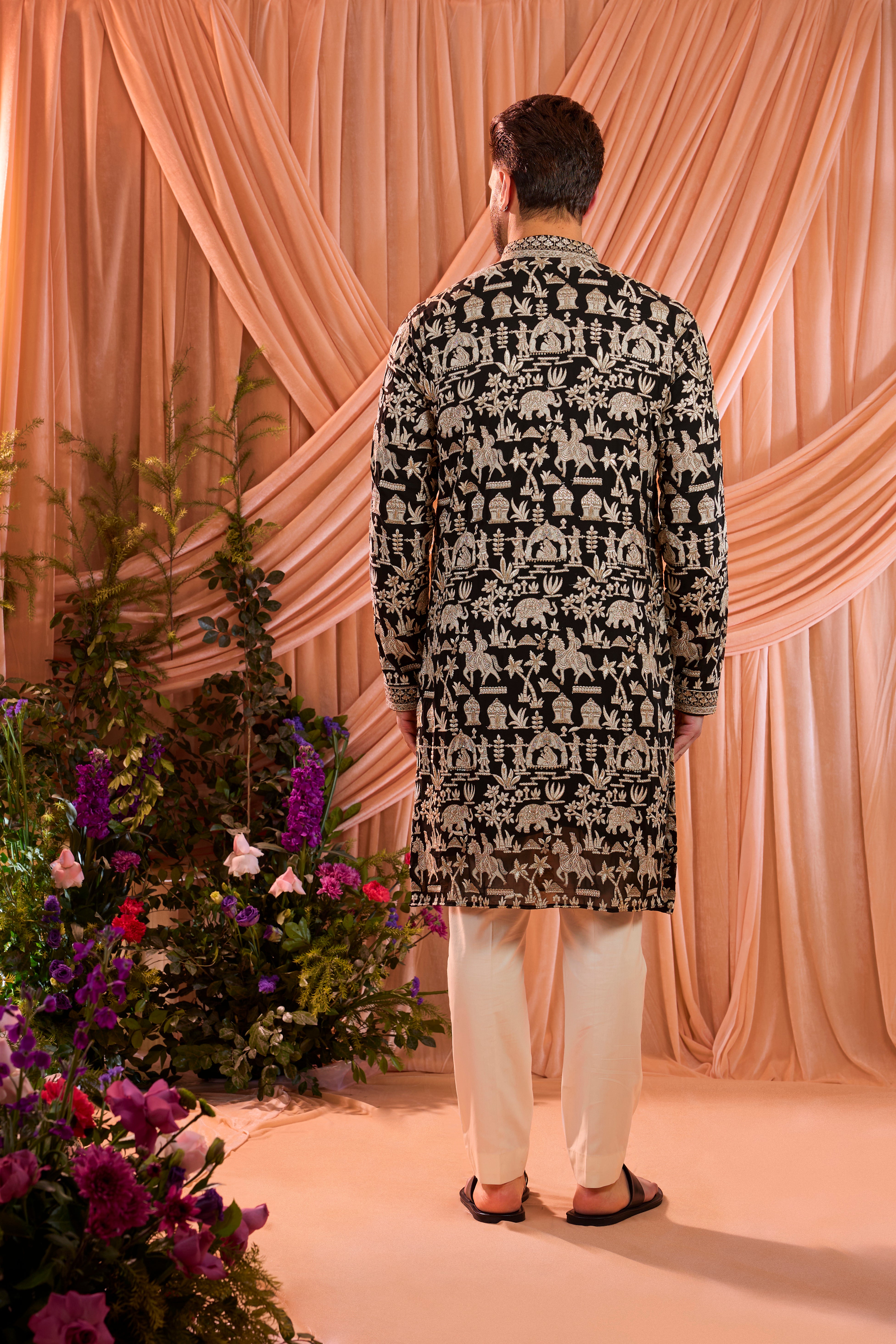 Black zari kurta with detailed mughal era embroidery and heavy zari work