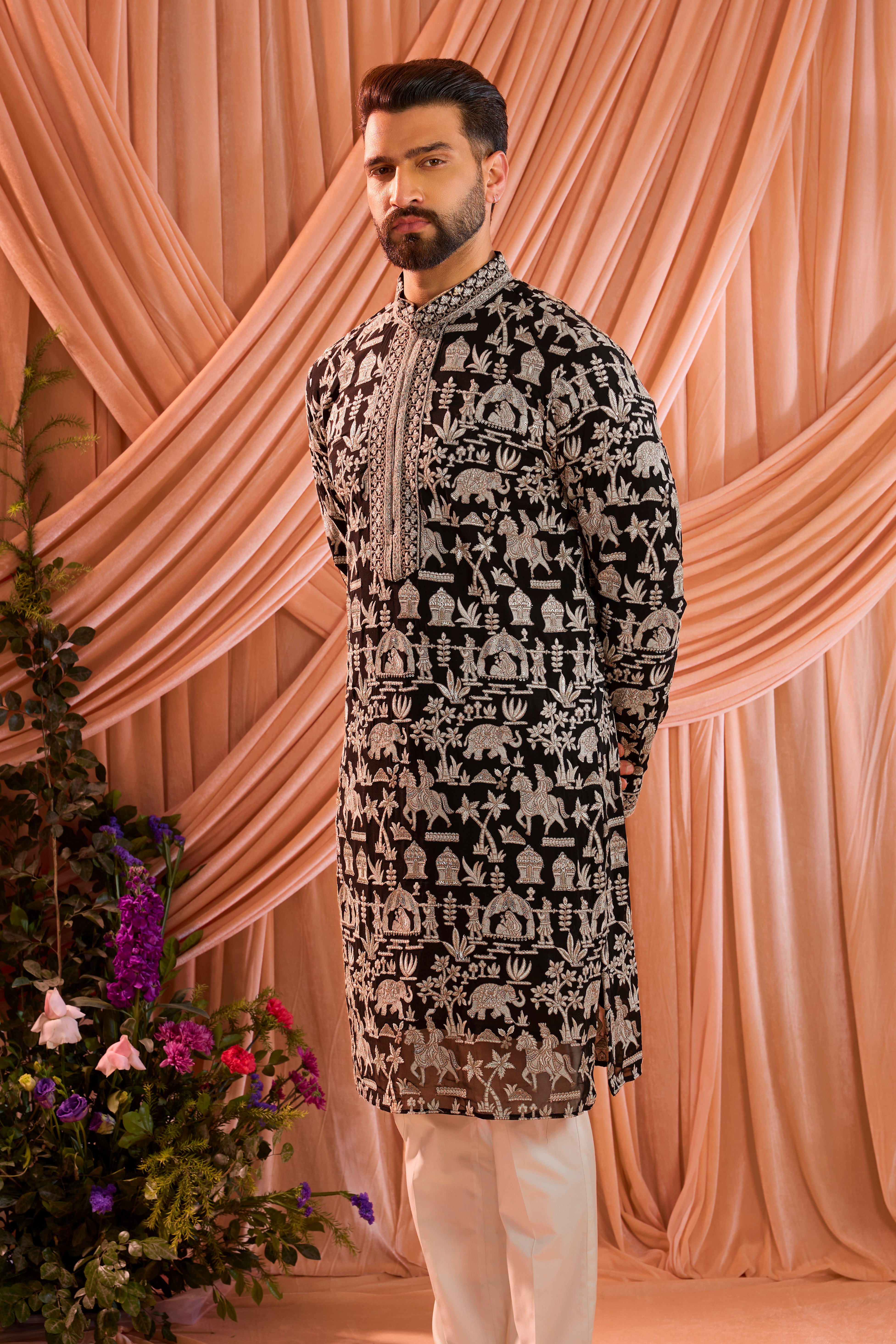 Black zari kurta with detailed mughal era embroidery and heavy zari work