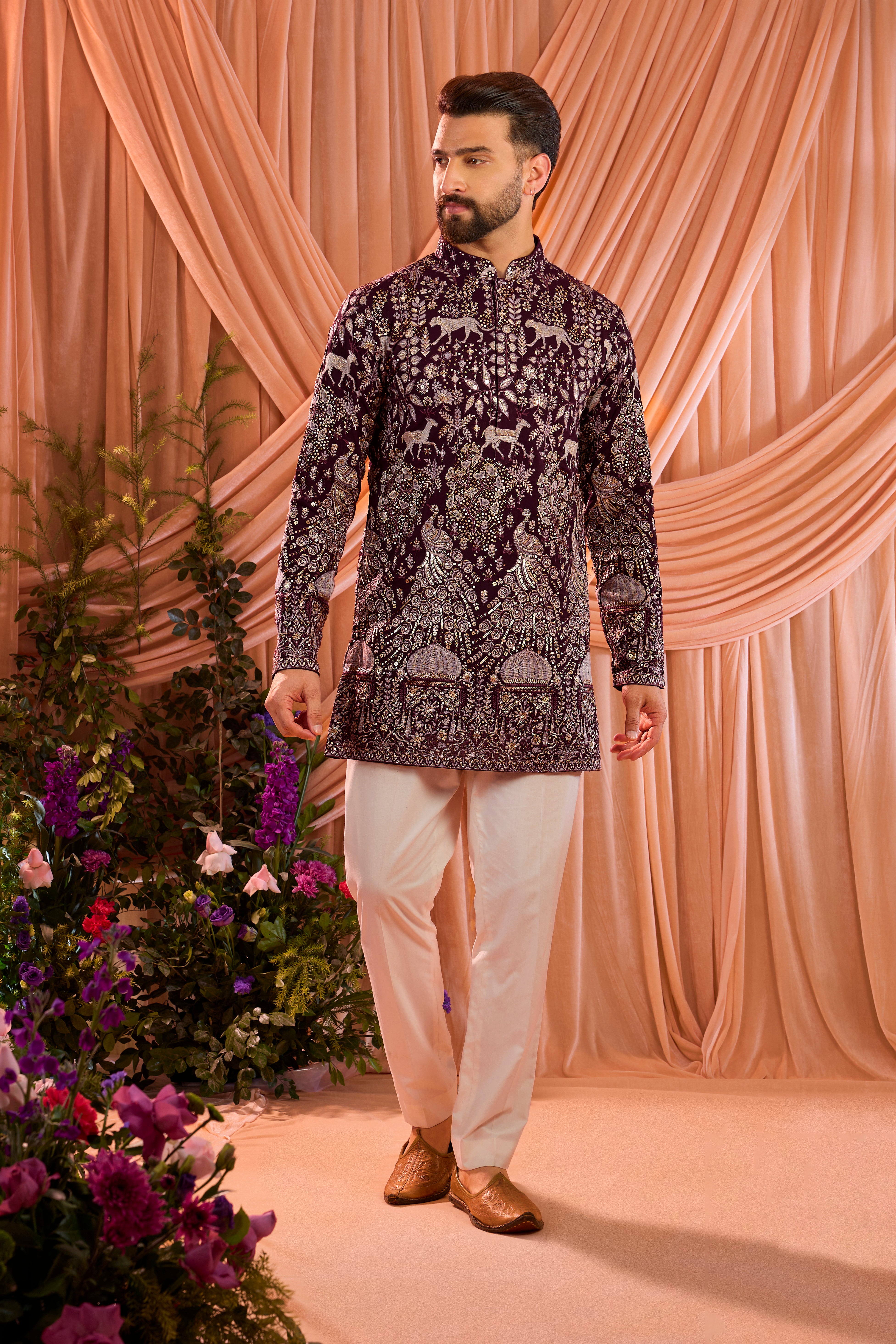 Wine royal heritage short  kurta with detailed flora and fauna motifs , darbars , sequins and zari