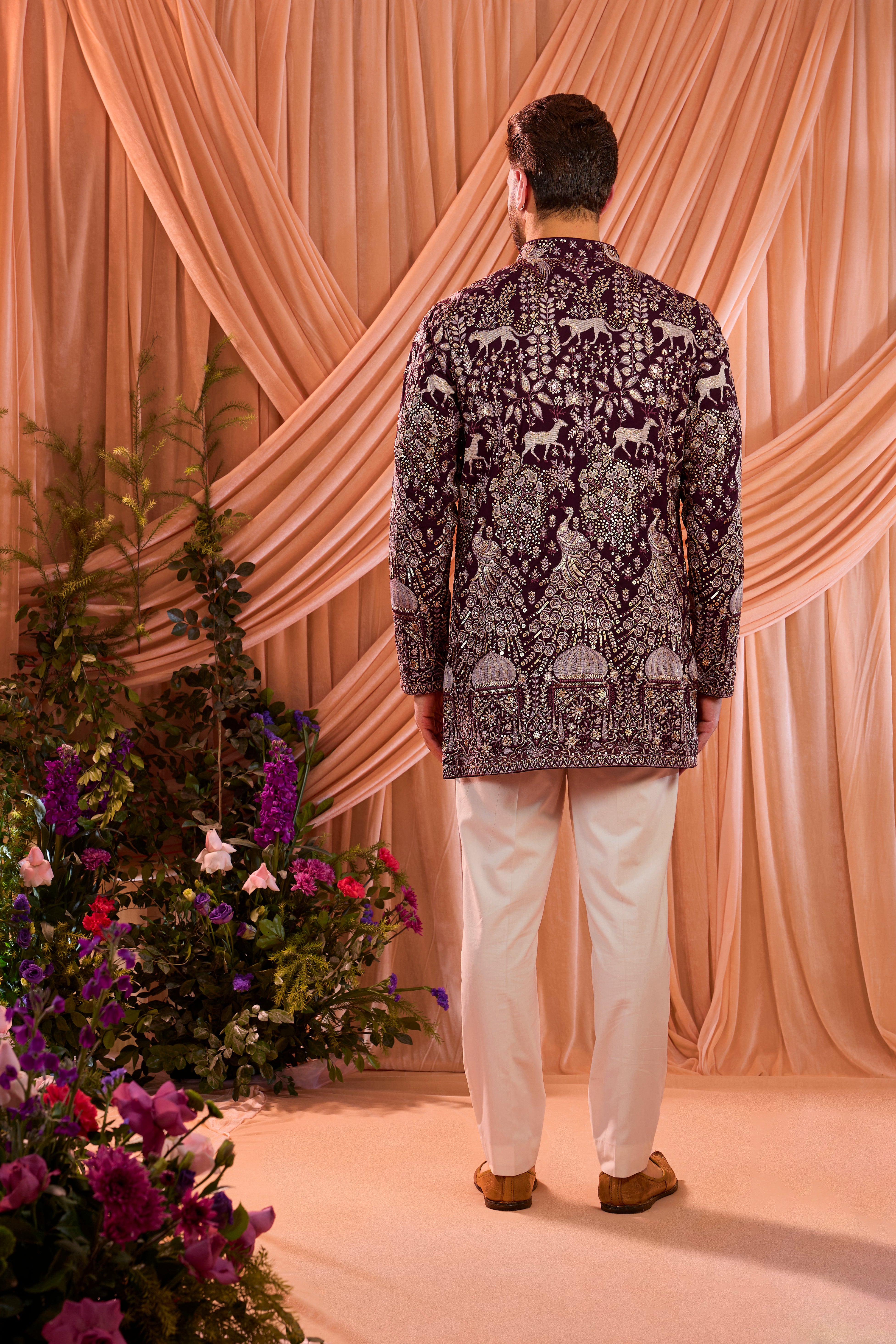 Wine royal heritage short  kurta with detailed flora and fauna motifs , darbars , sequins and zari