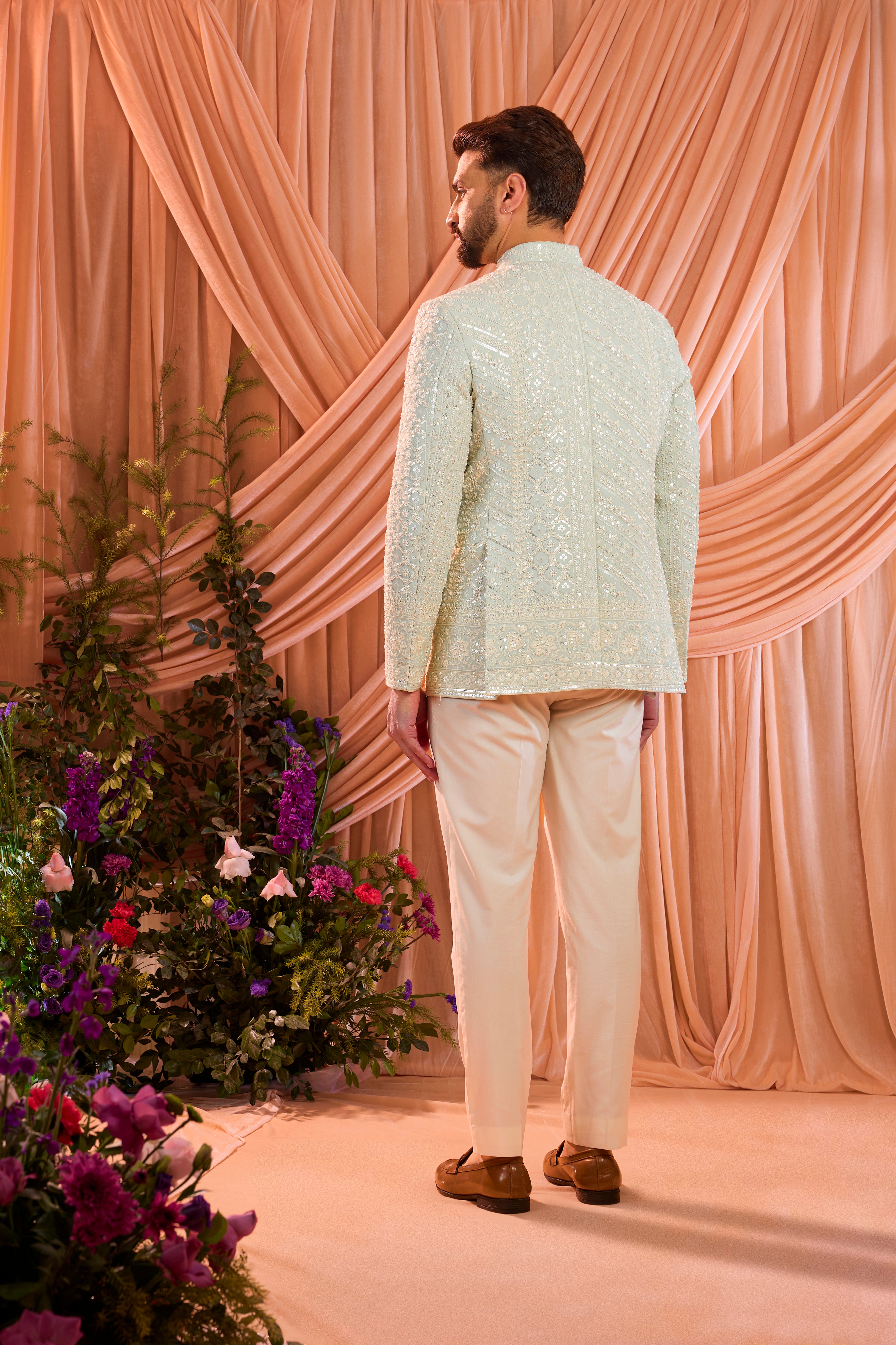 Aqua blue hand embroidered formal short bandgala jacket with detailed ivory cut dana