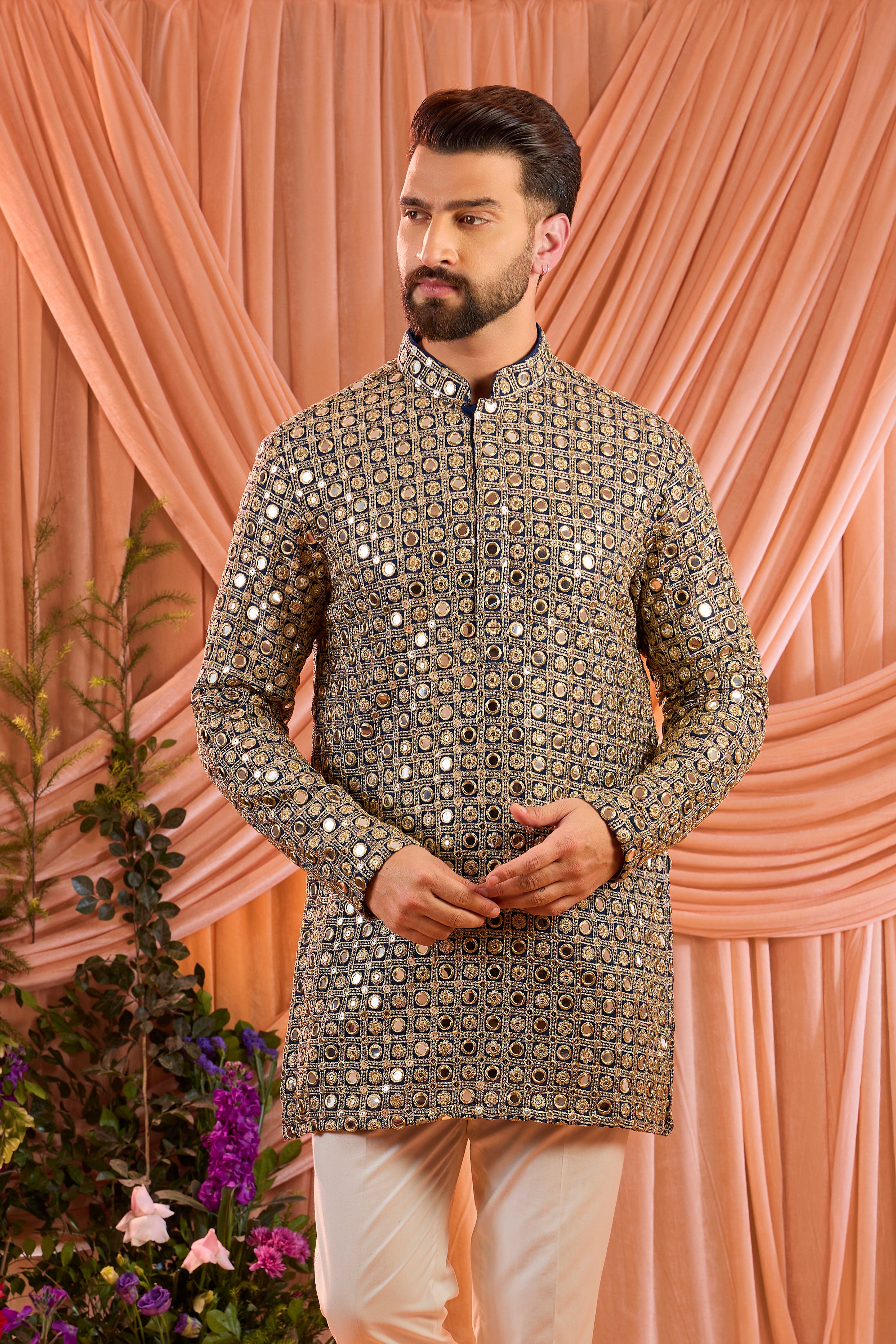 Blue short mirror work kurta with detailedd zari work