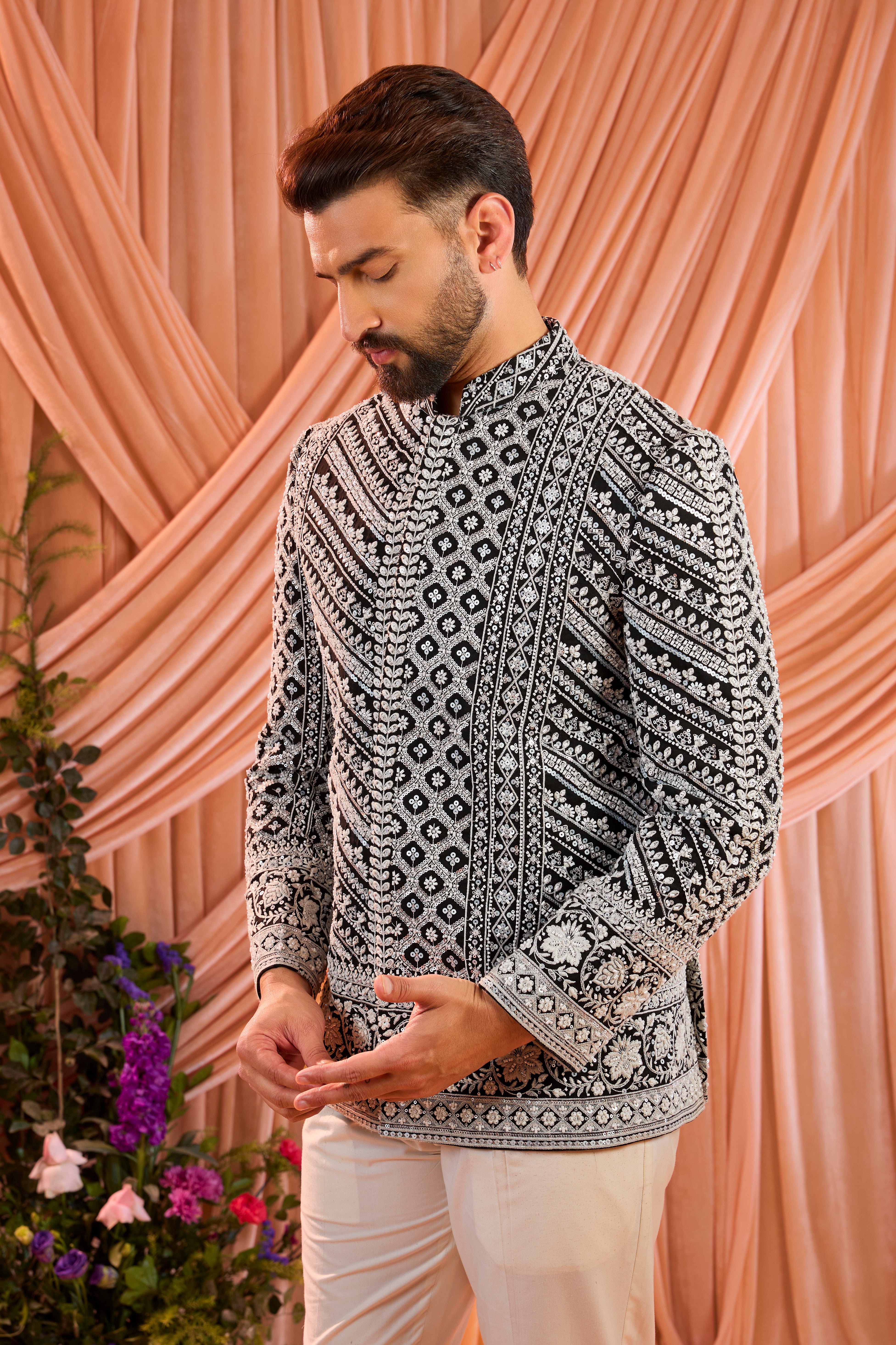 Black  hand-embroidered formal bandgala jacket , exquisitely adorned with intricate ivory cut-dana detailing.
