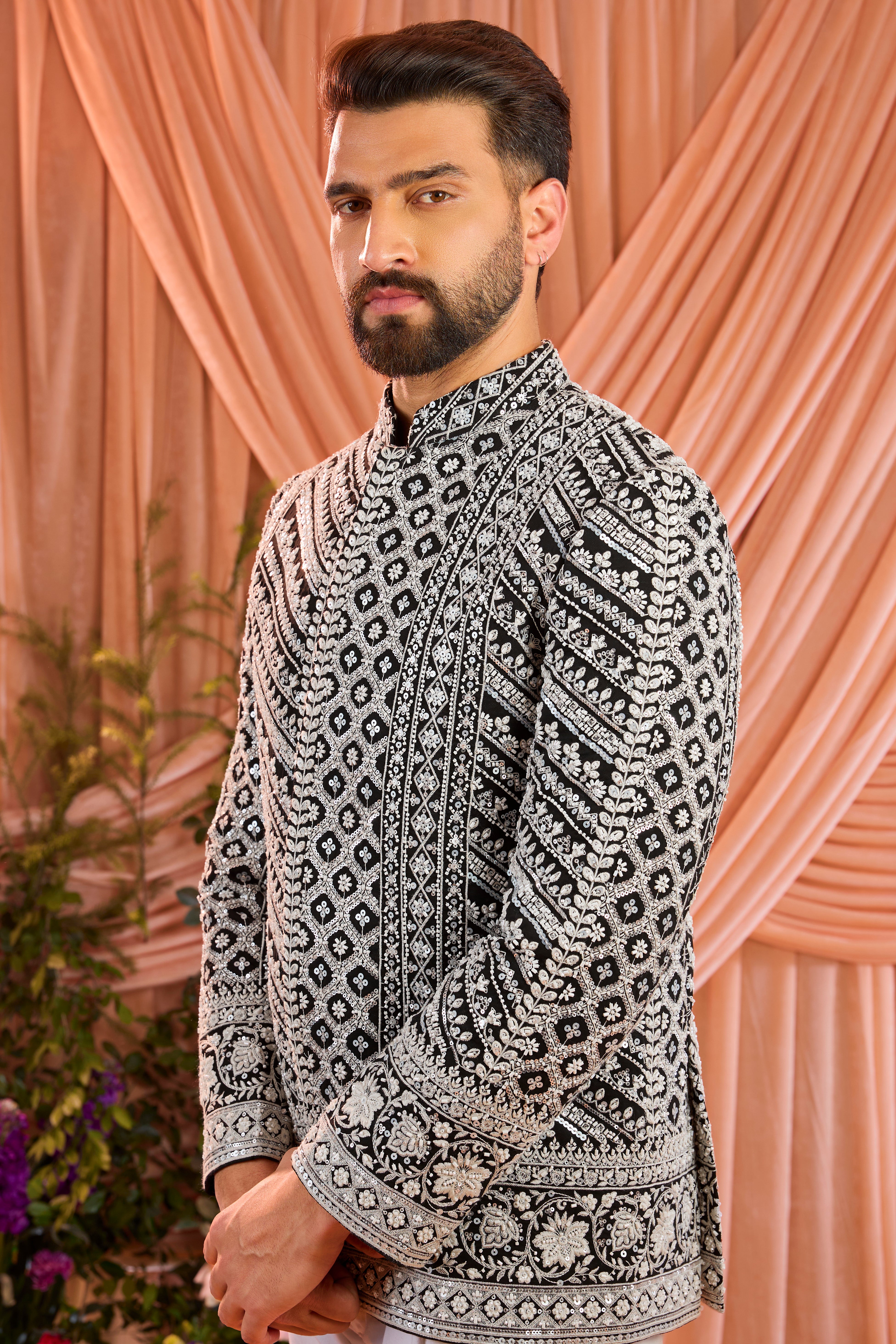 Black  hand-embroidered formal bandgala jacket , exquisitely adorned with intricate ivory cut-dana detailing.