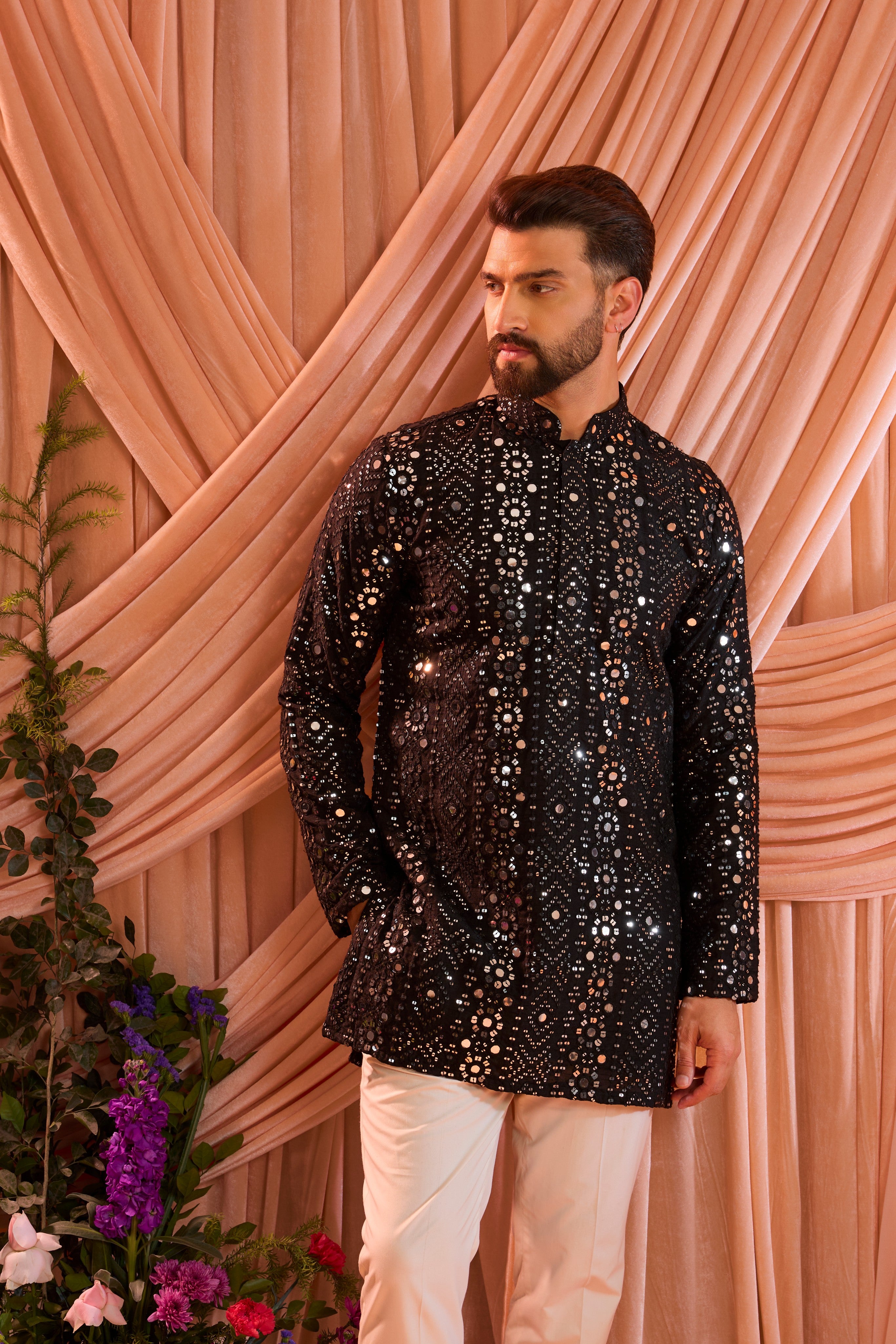 Signature  black short mirror work kurta