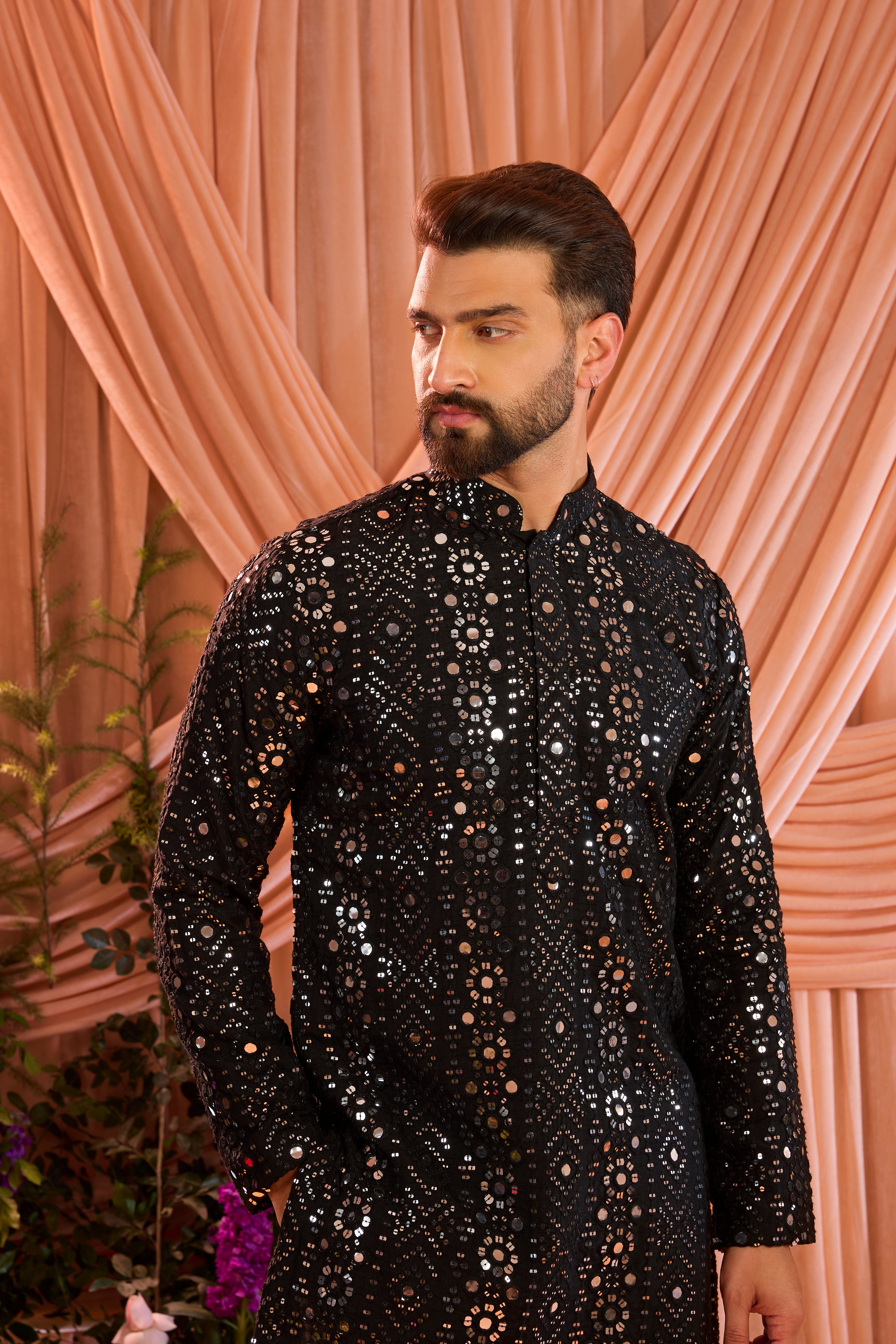 Signature  black short mirror work kurta