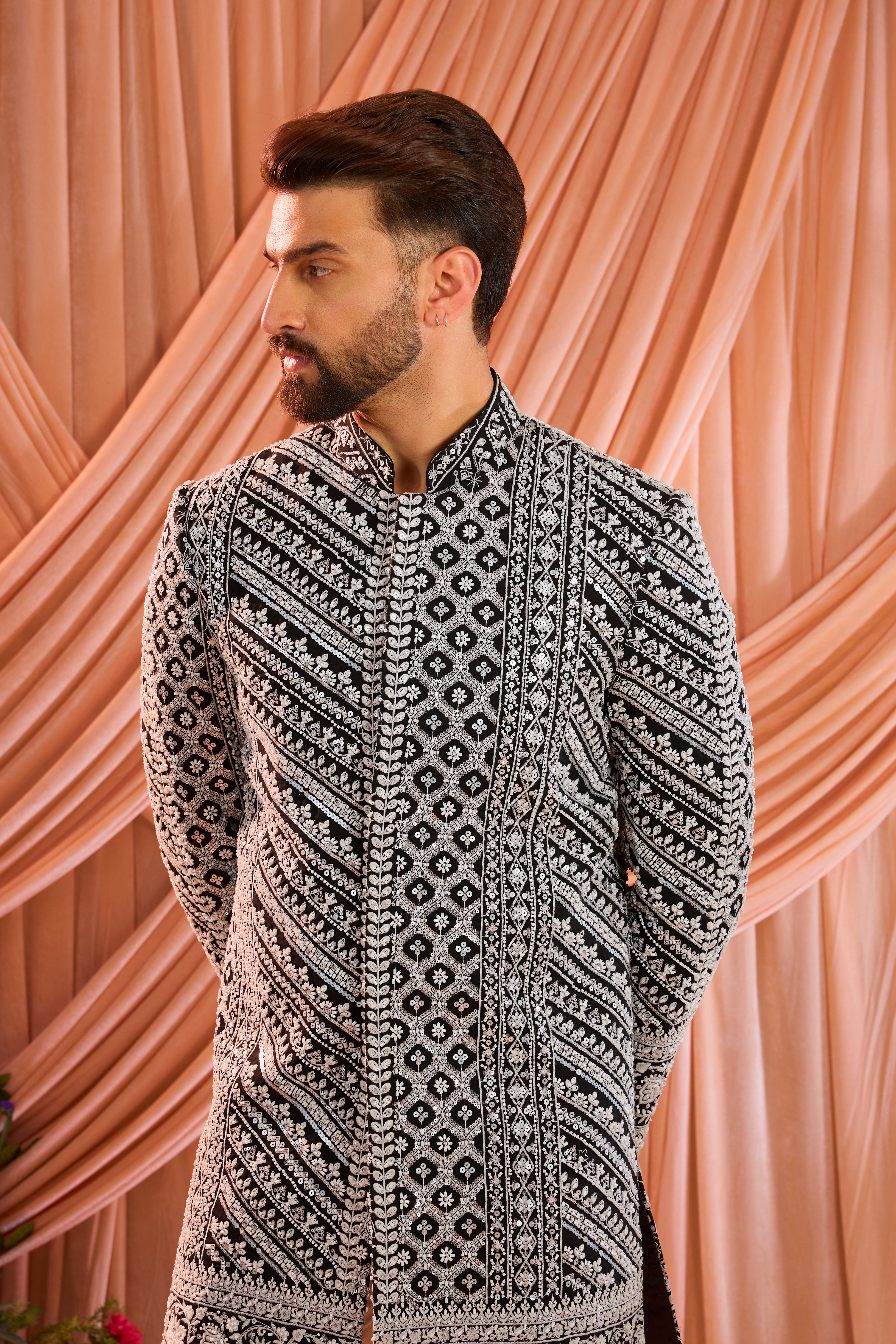 Black  hand-embroidered formal short sherwani , exquisitely adorned with intricate ivory cut-dana detailing.