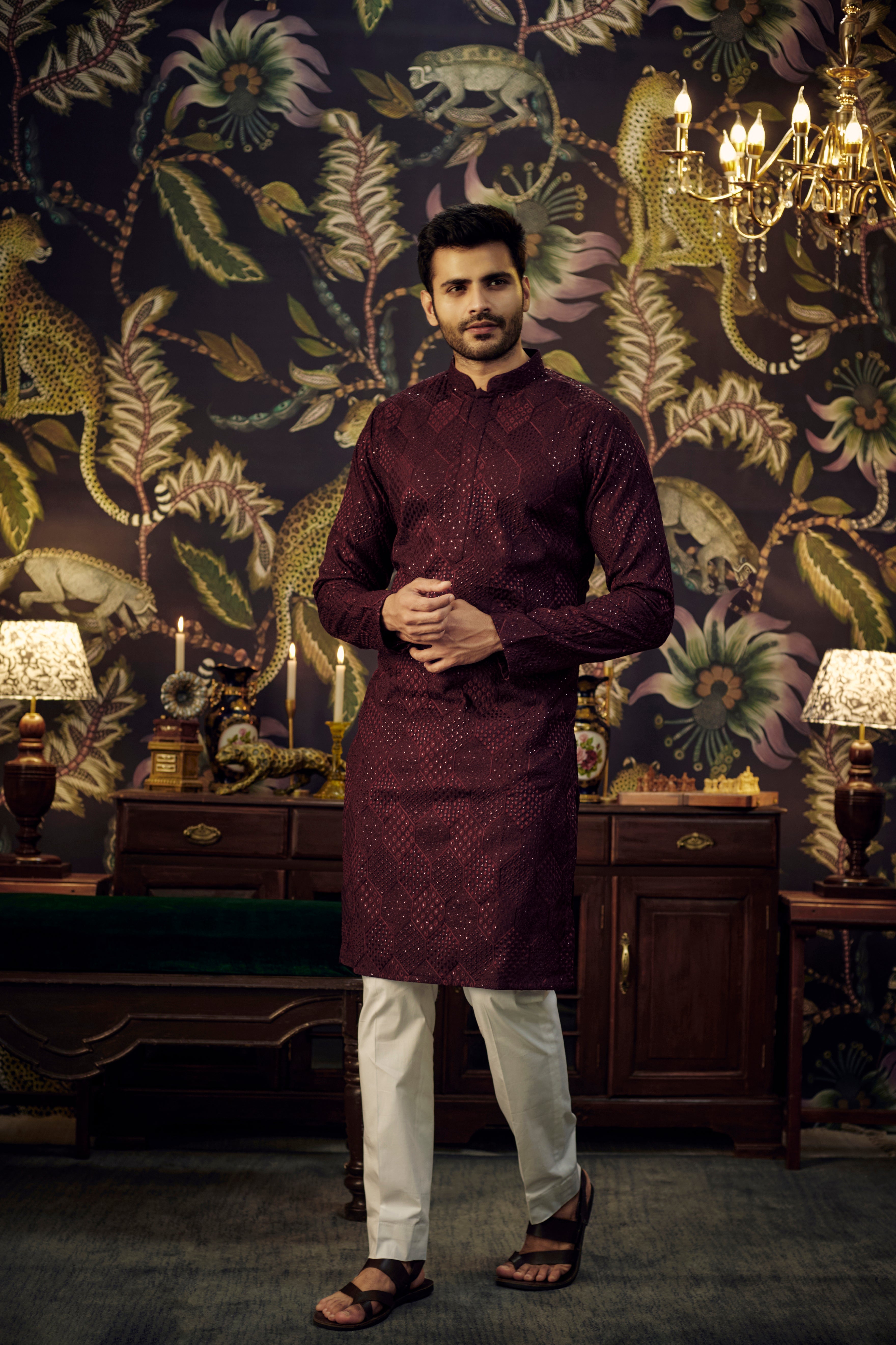 Wine Chikankari Kurta - kasbahmen