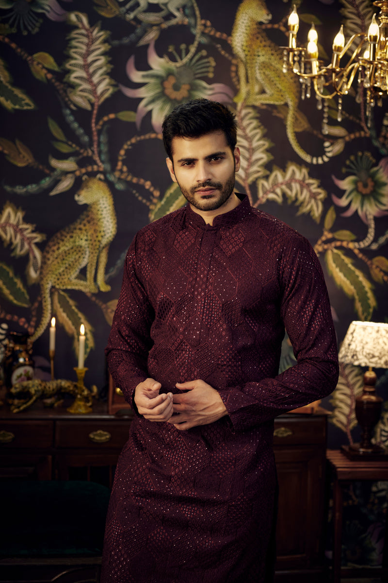 Wine Chikankari Kurta