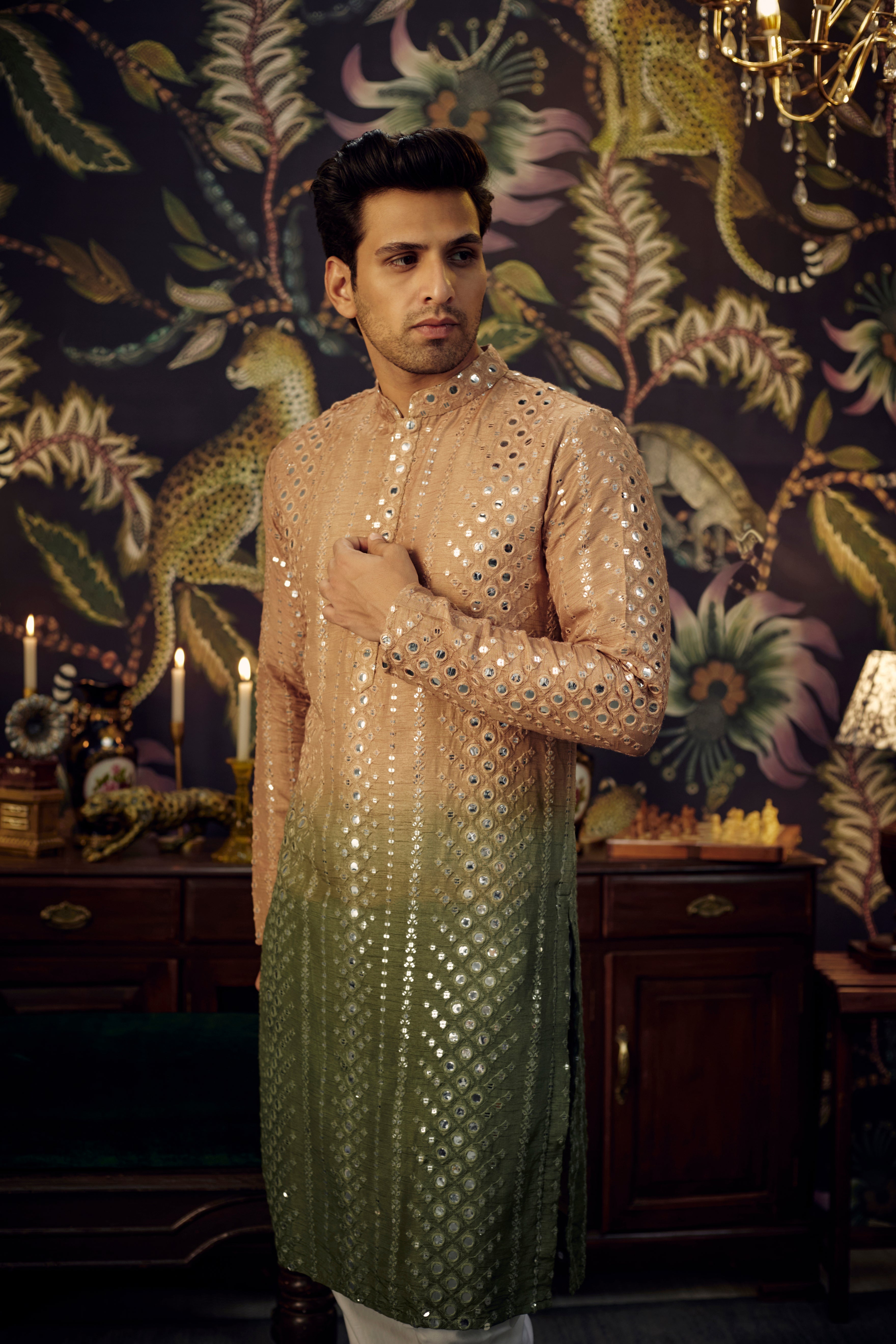 Copper/Green Ombre Mirror-work Kurta - kasbahmen