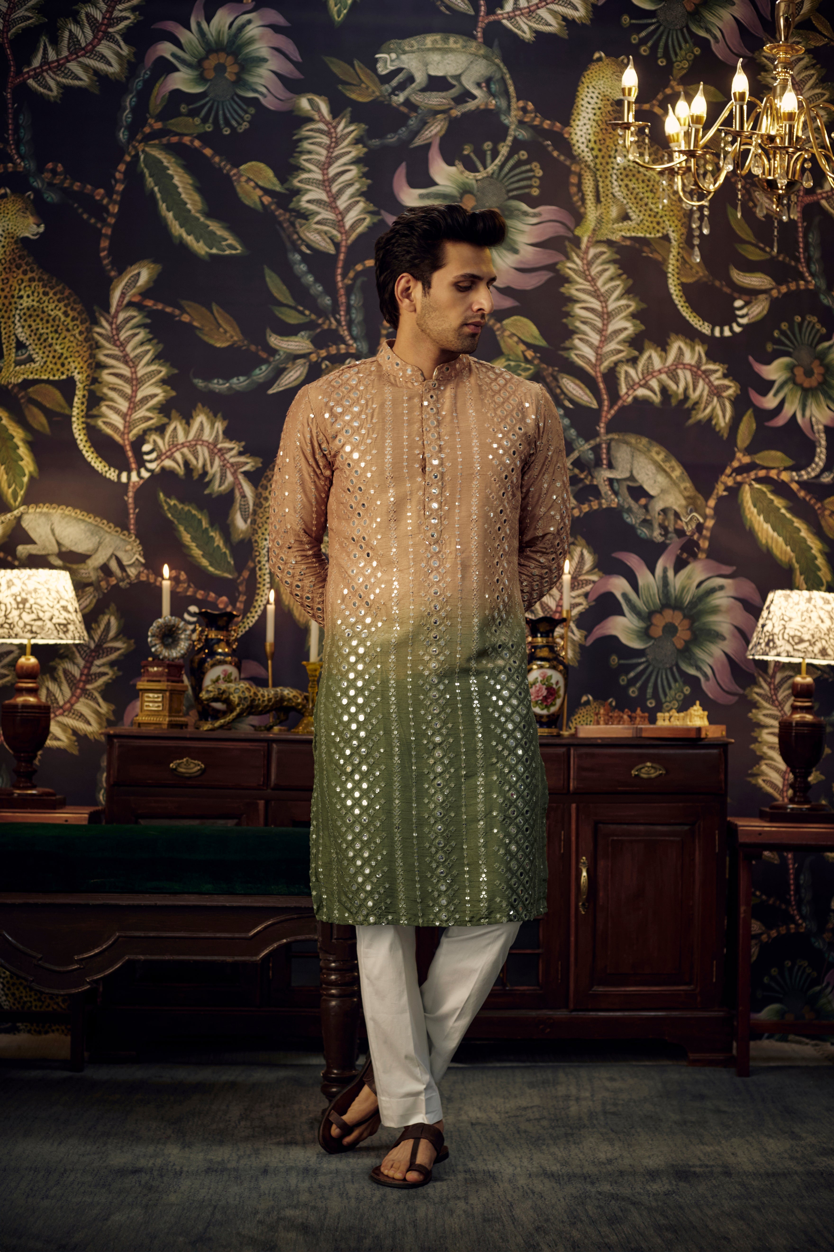 Copper/Green Ombre Mirror-work Kurta - kasbahmen