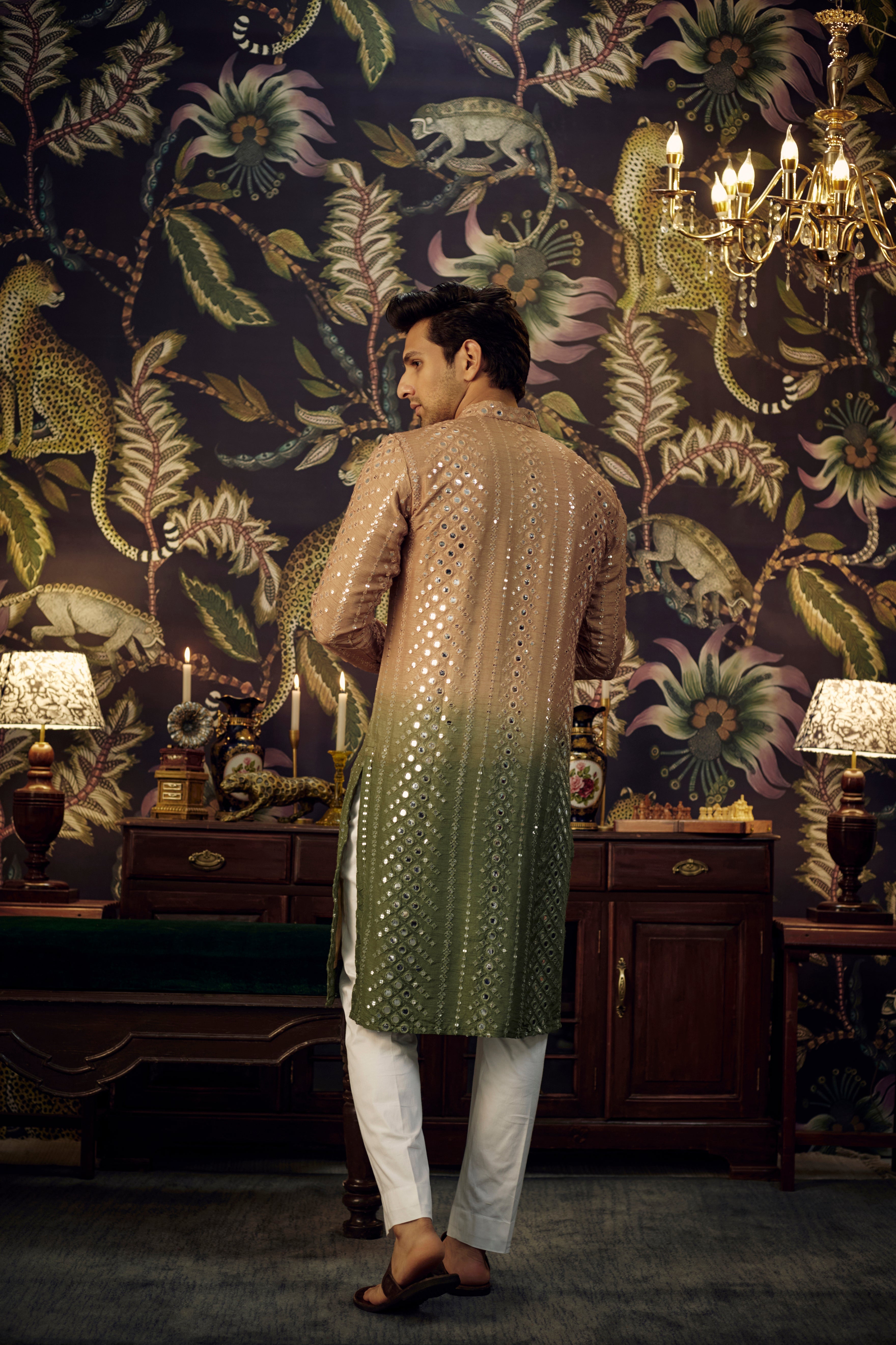 Copper/Green Ombre Mirror-work Kurta - kasbahmen