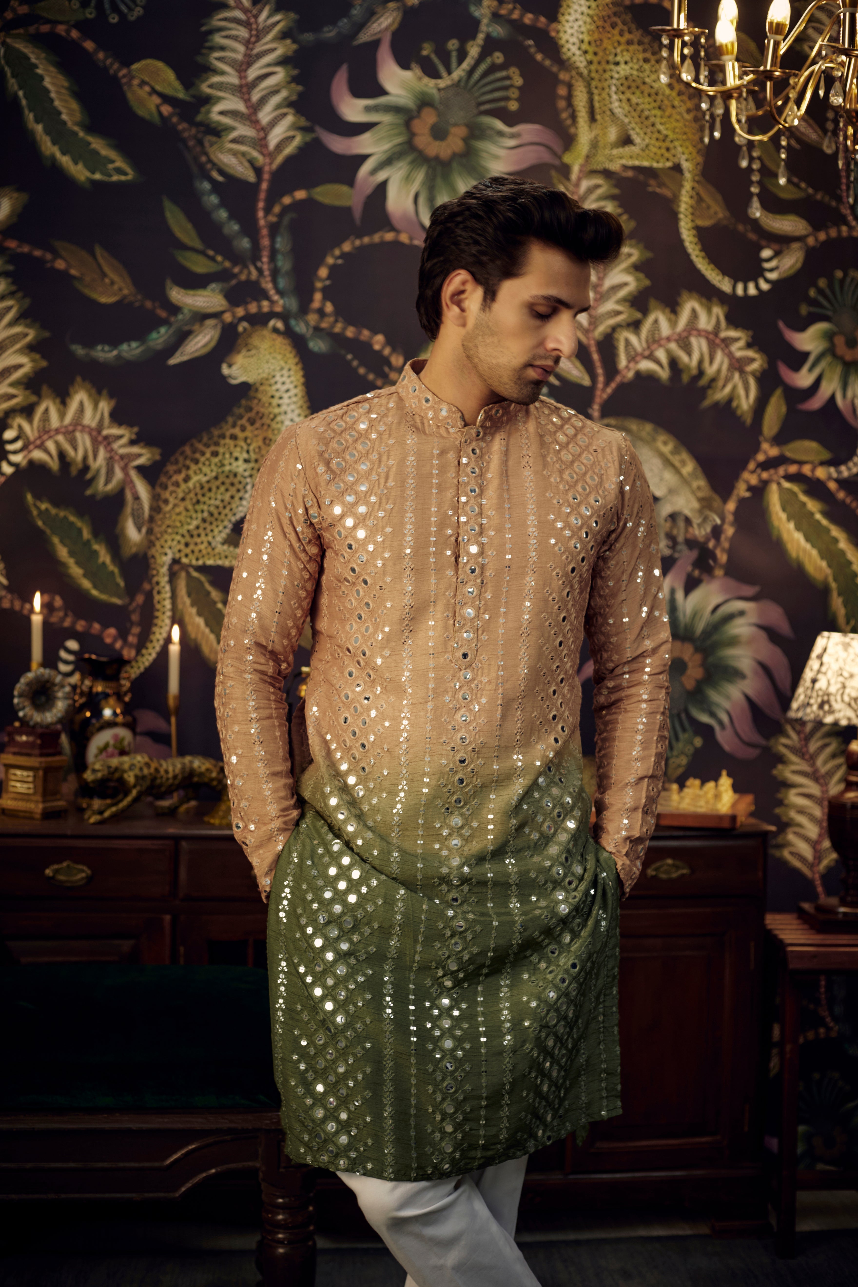 Copper/Green Ombre Mirror-work Kurta - kasbahmen