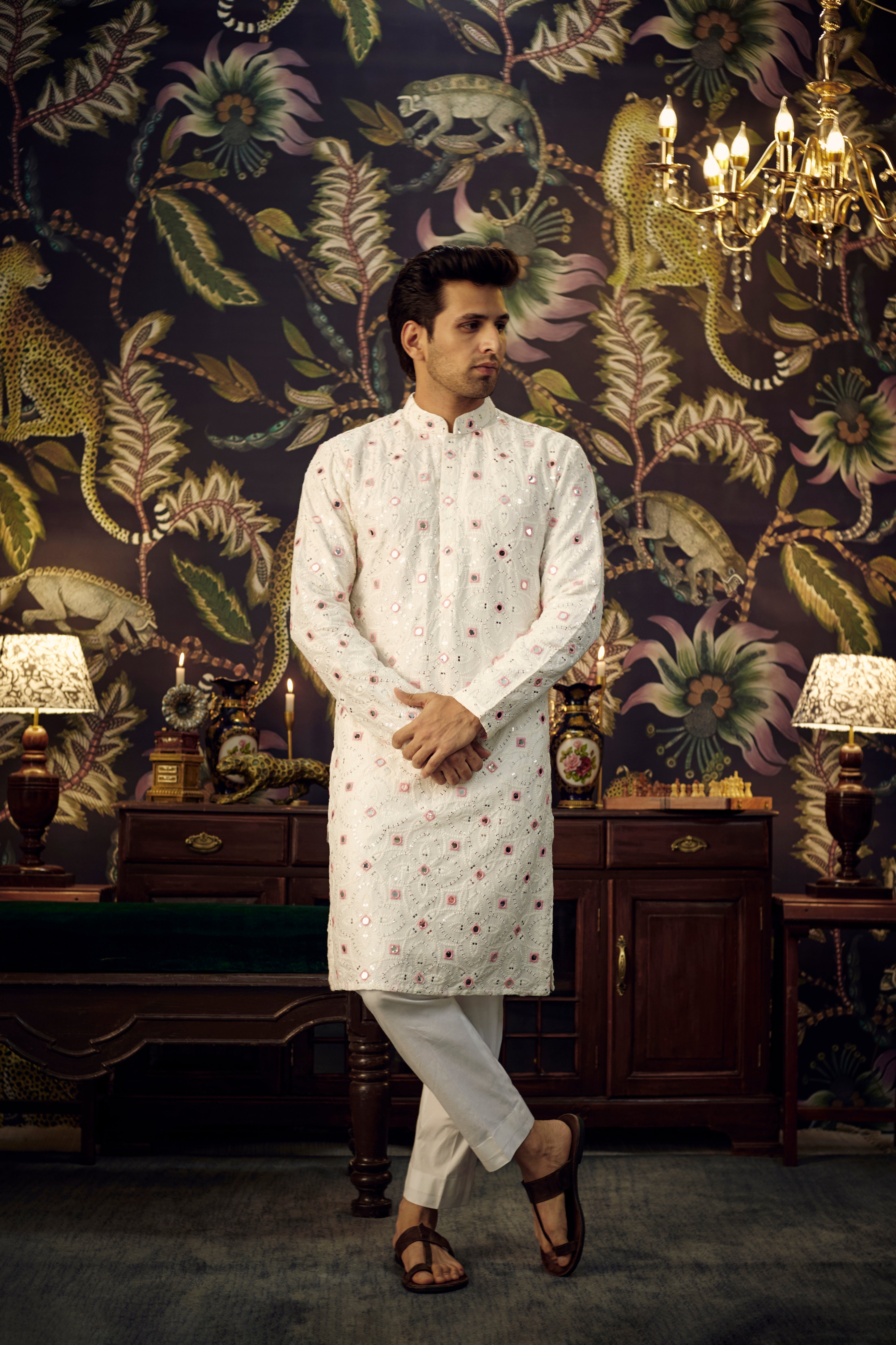 White and Pink Mirror-work Kurta - kasbahmen