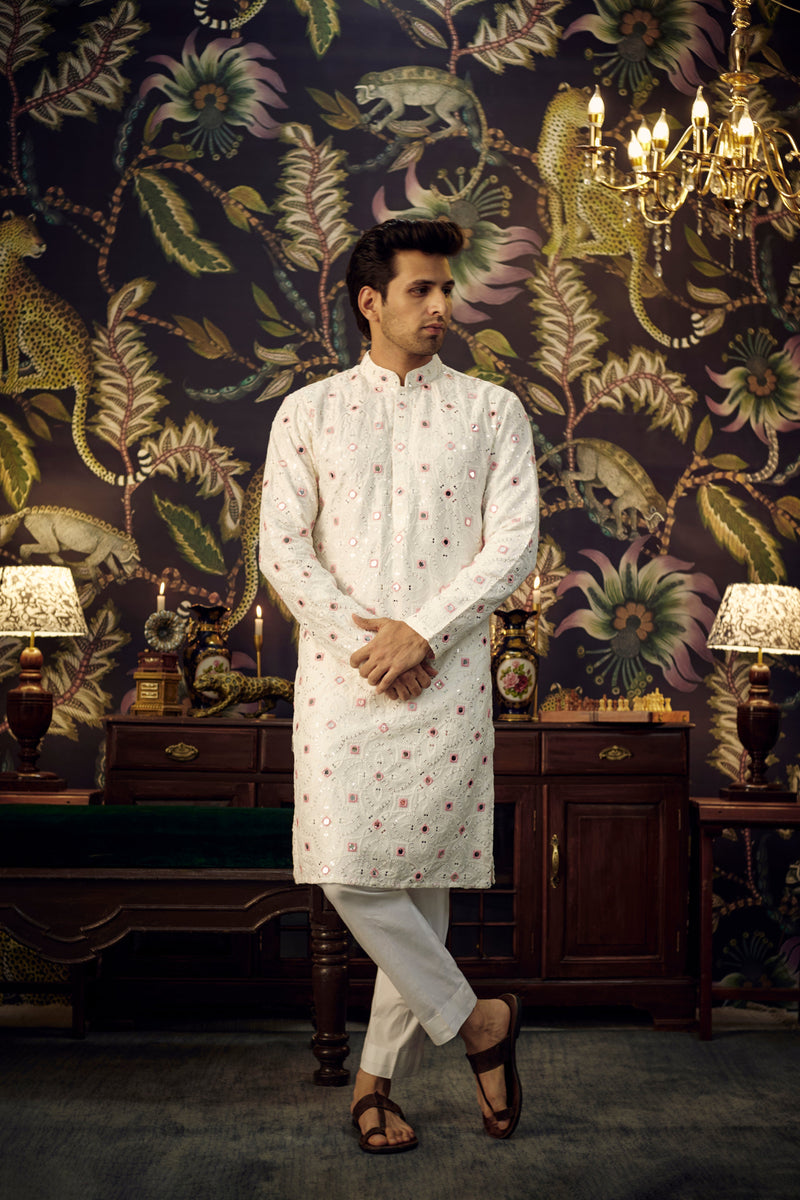 White and Pink Mirror-work Kurta - kasbahmen