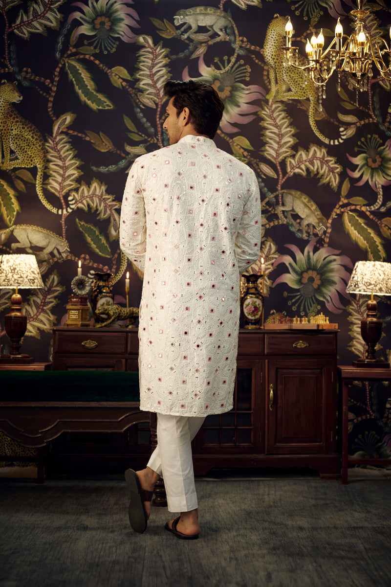 White and Pink Mirror-work Kurta - kasbahmen