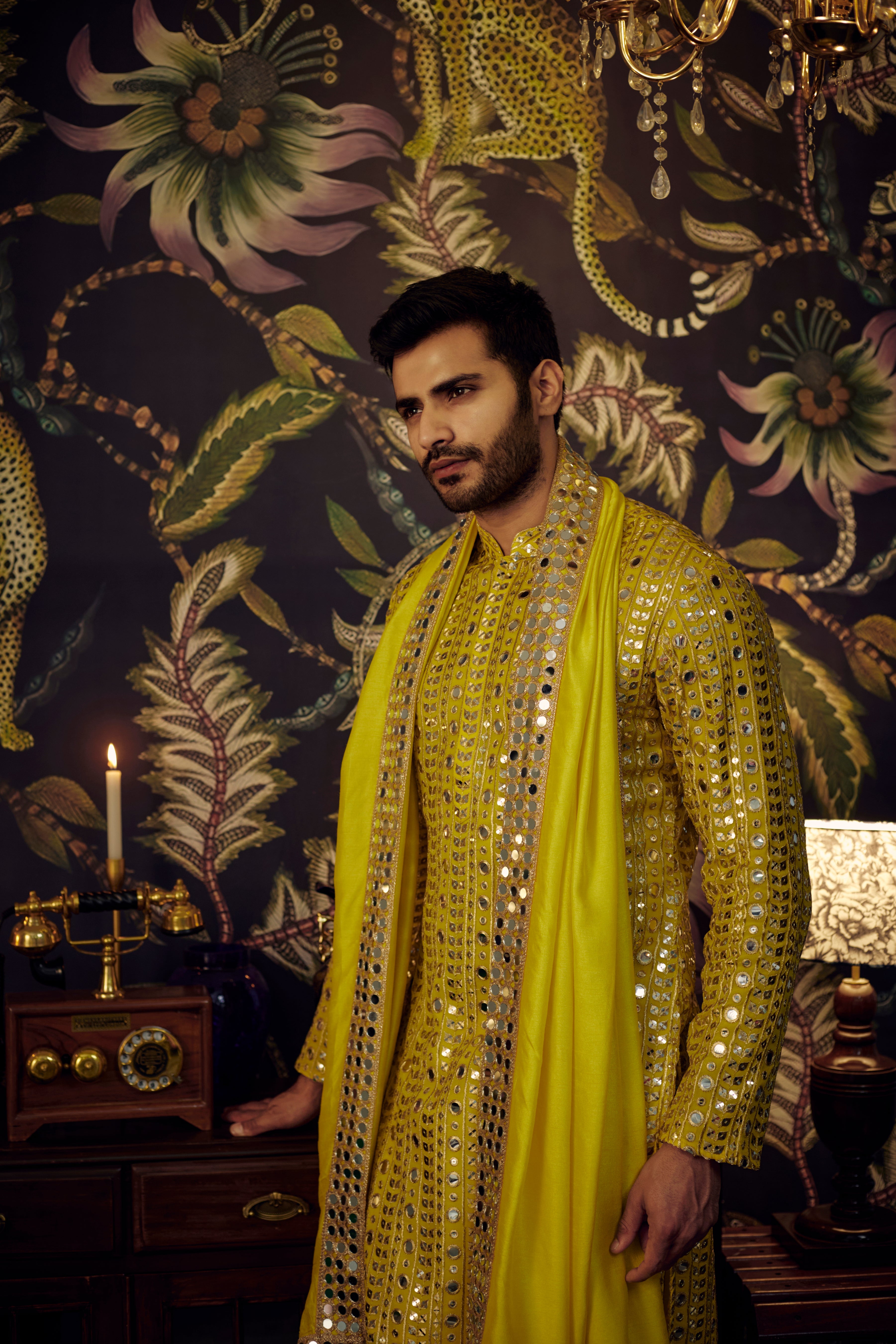 Bright Yellow Mirror-work Kurta paired with Mirrorwork Stole - kasbahmen