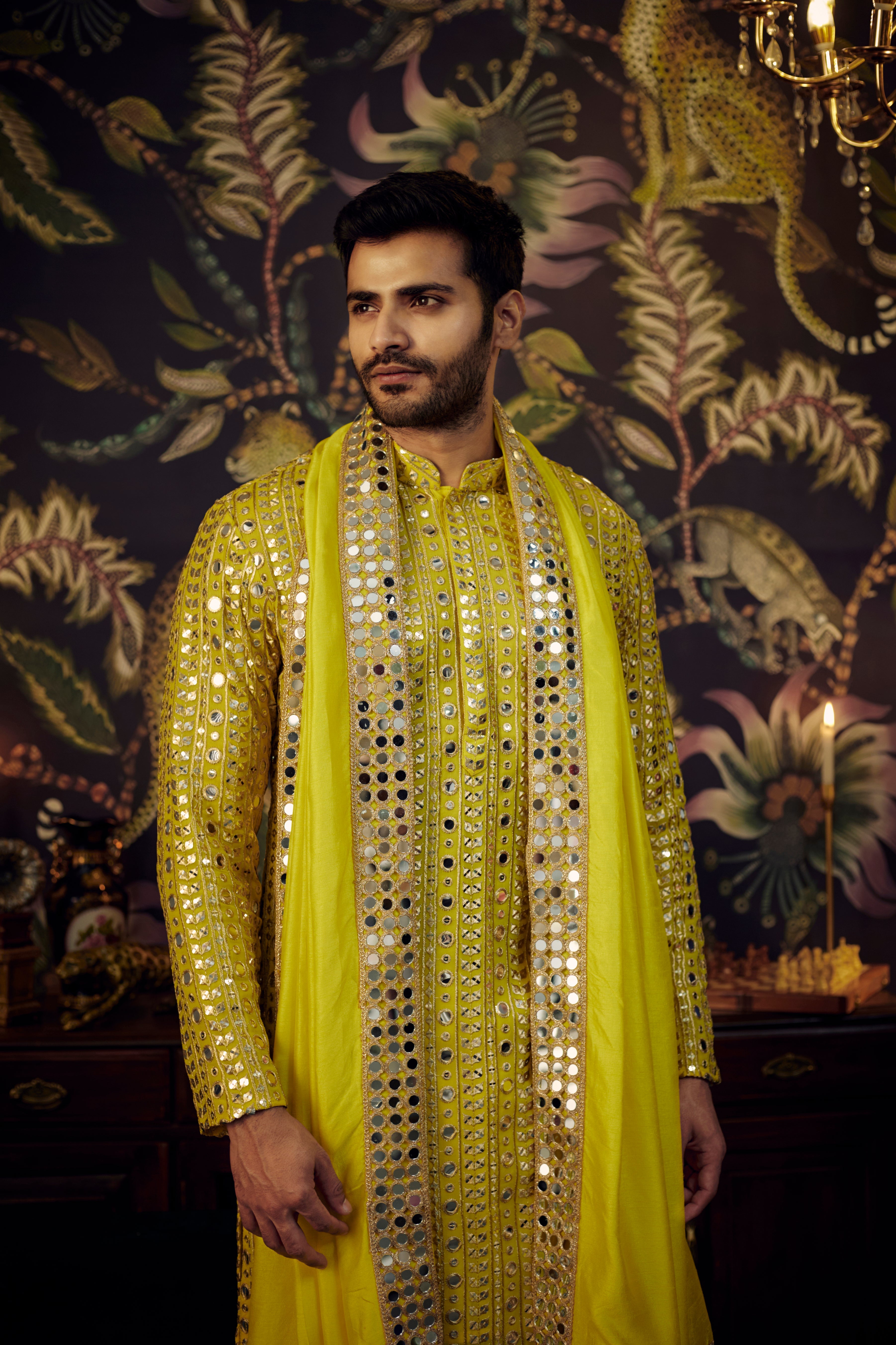 Bright Yellow Mirror-work Kurta paired with Mirrorwork Stole - kasbahmen