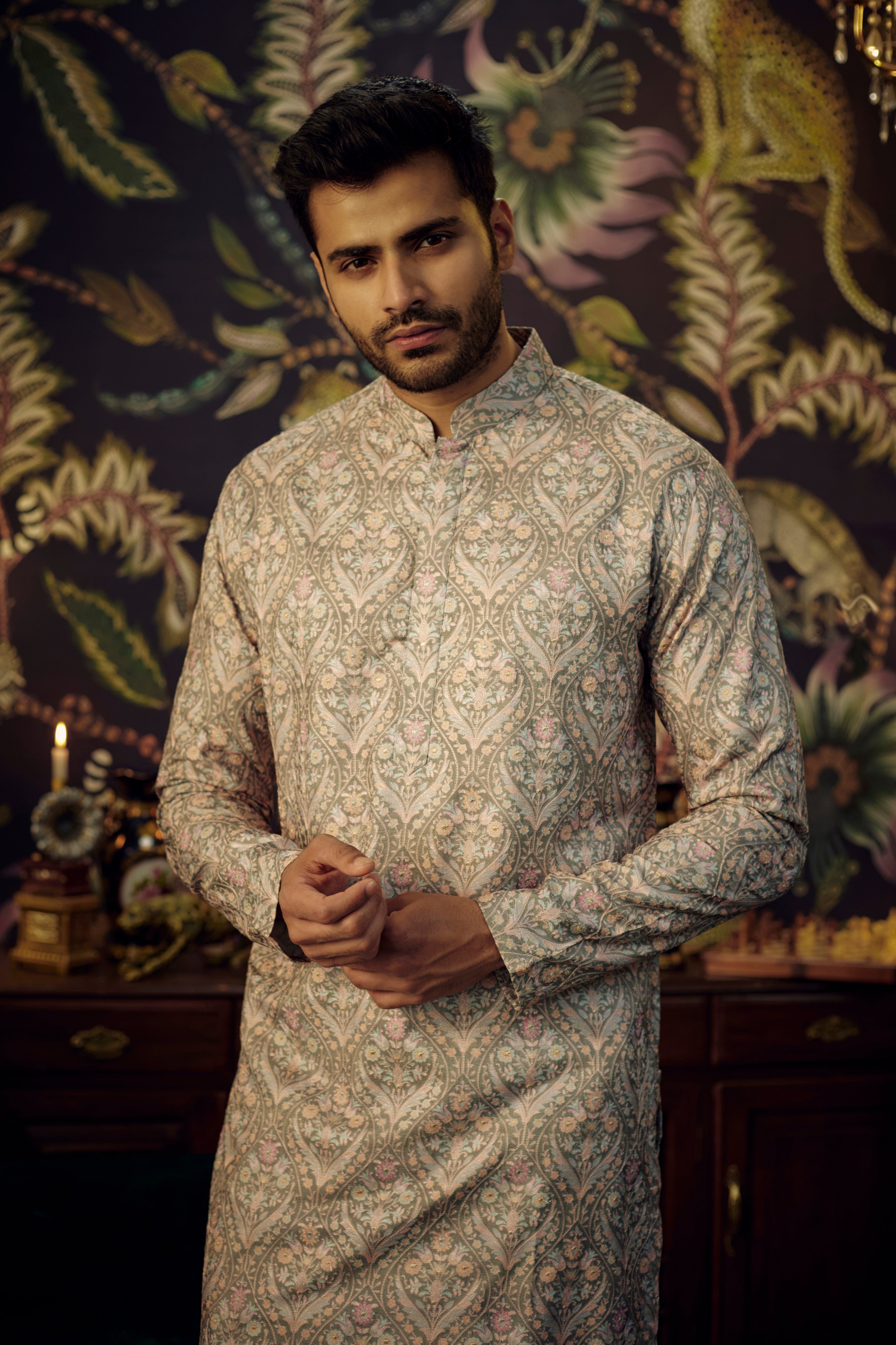 Dark Mint Kashmiri Embroidred Chikankari Kurta - kasbahmen