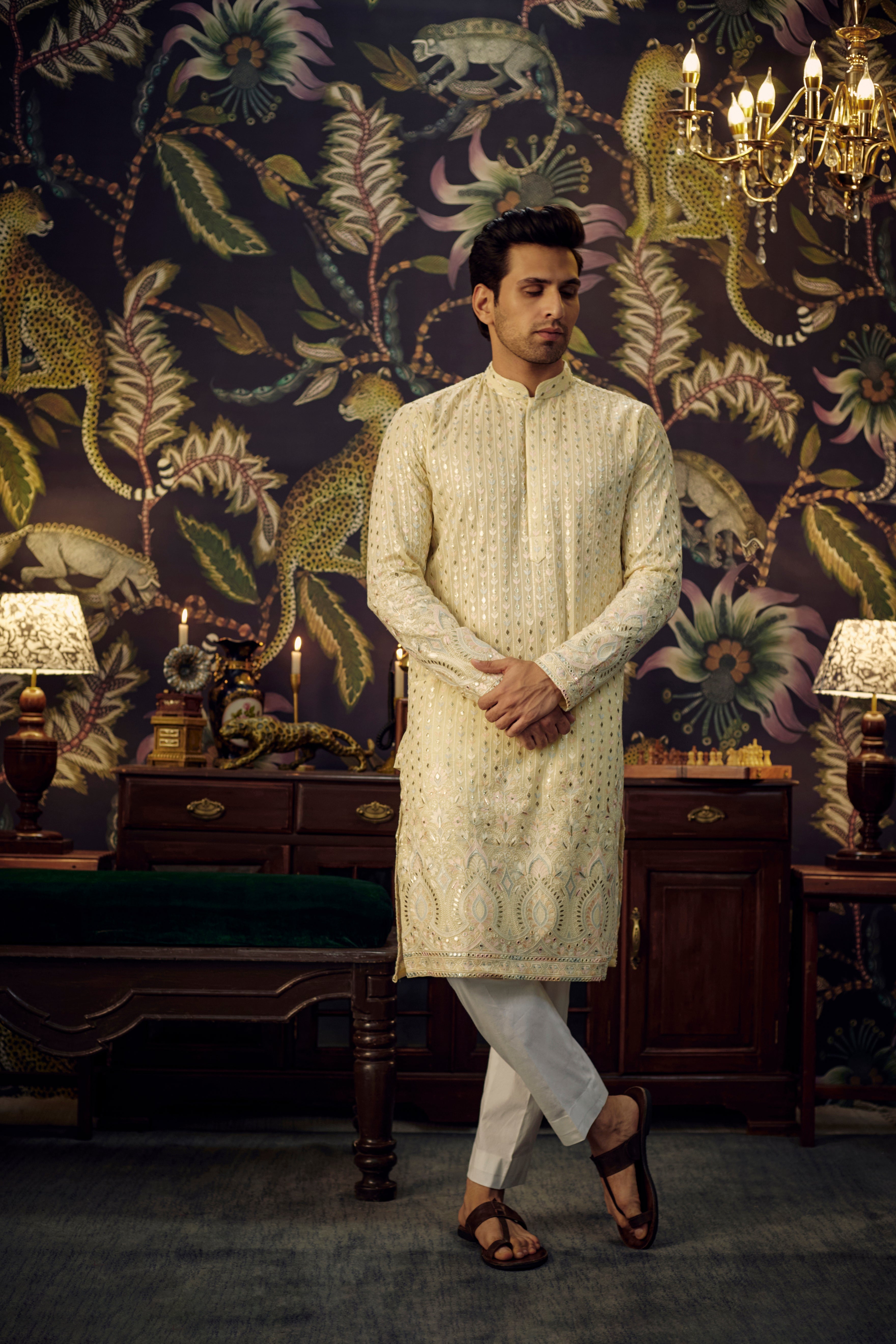 Cream Chikankari Kurta with intricate multi-threadwork and detailed embroidered ghera. - kasbahmen