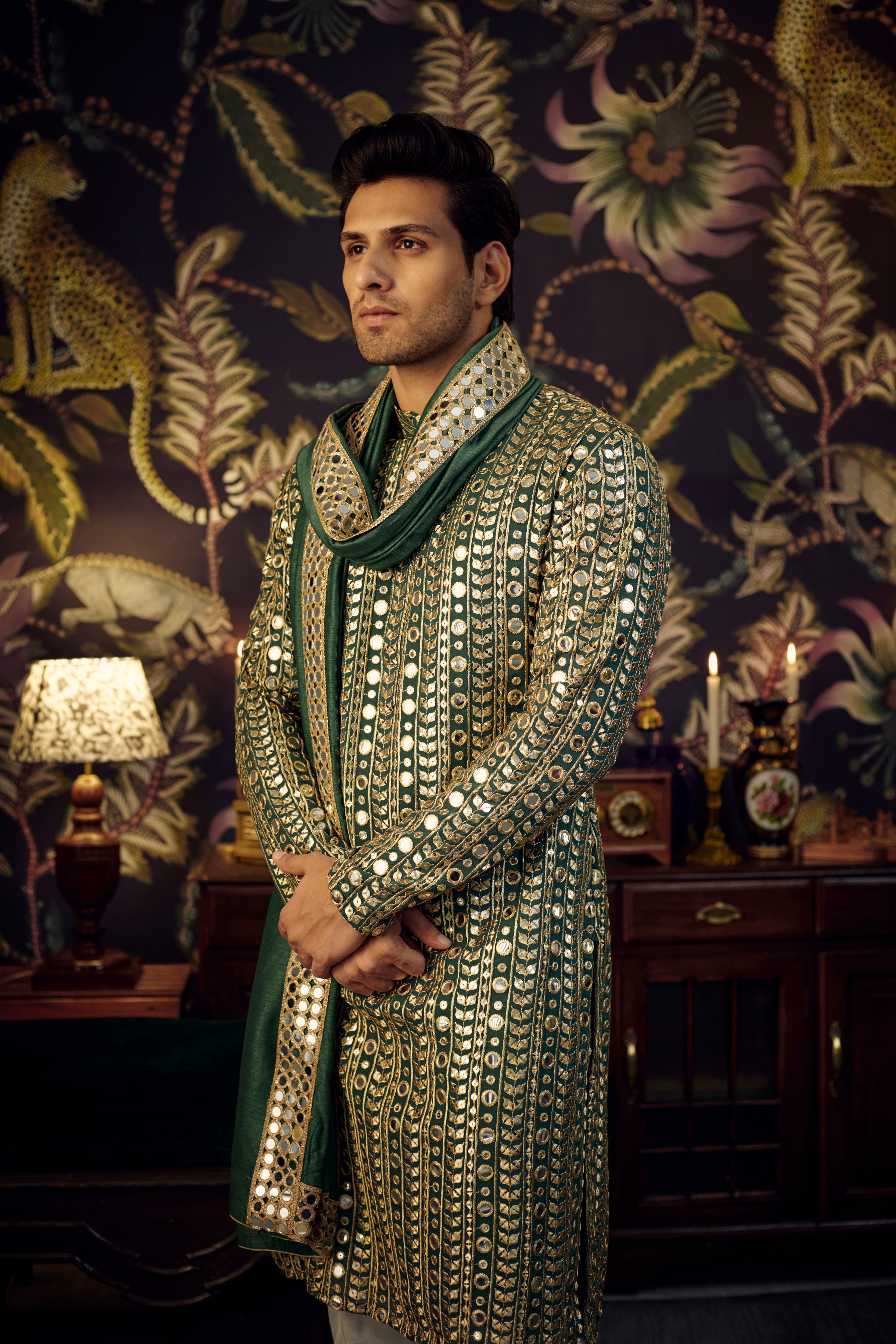 Green Mirror-work Kurta paired with Mirrorwork Stole - kasbahmen