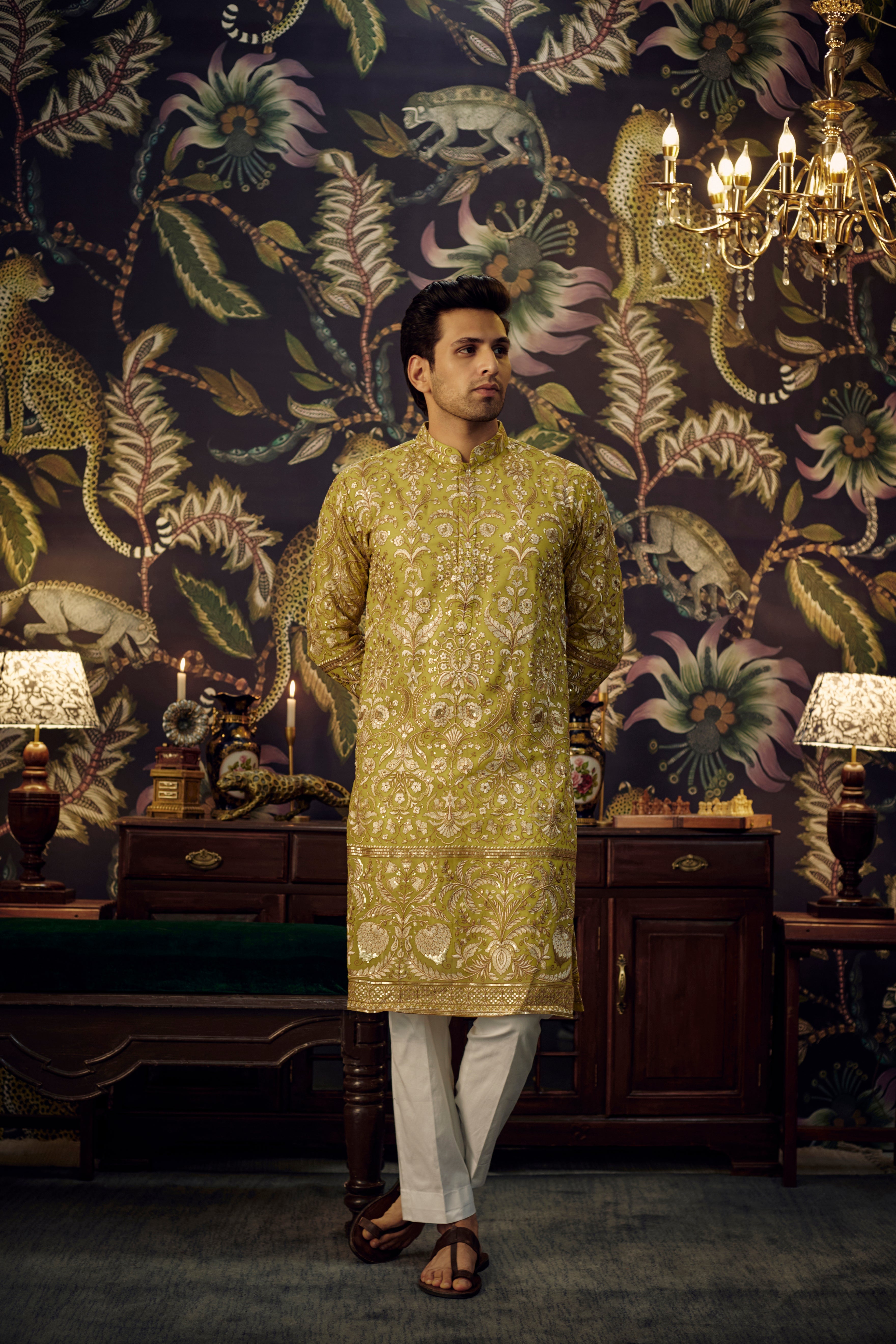 Neon Green Chikankari kurta with intricate floral zari-work - kasbahmen