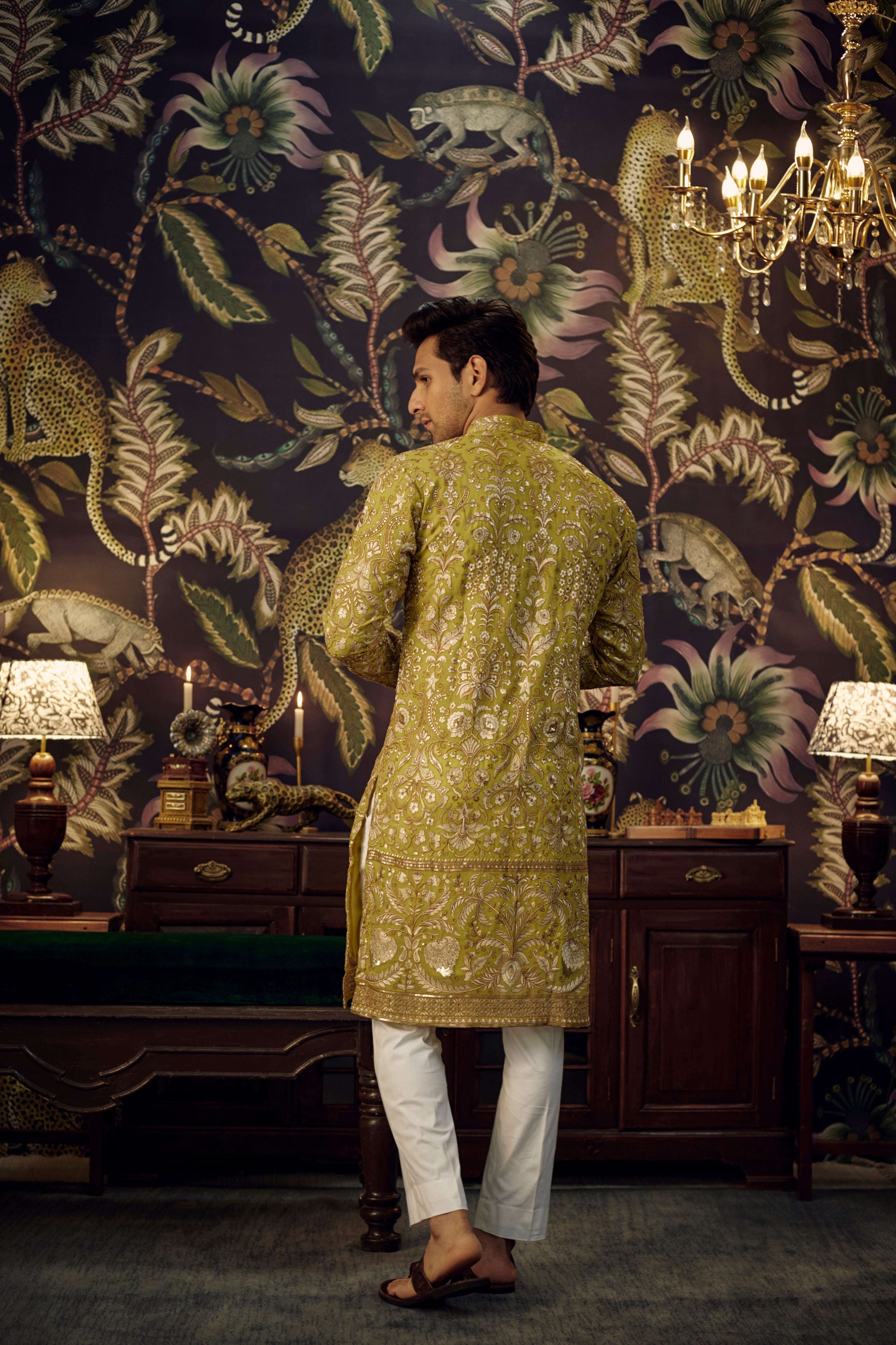 Neon Green Chikankari kurta with intricate floral zari-work - kasbahmen