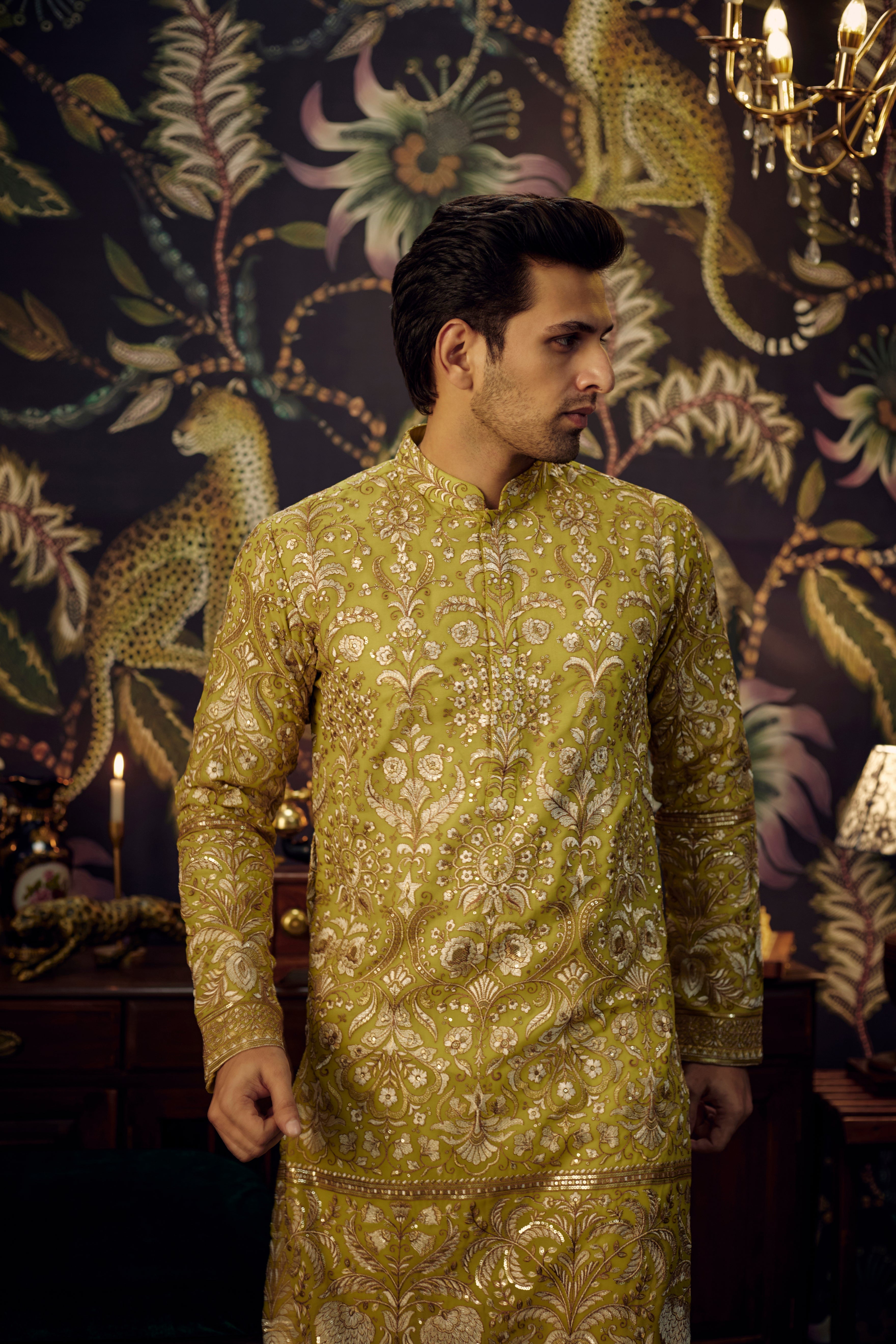 Neon Green Chikankari kurta with intricate floral zari-work - kasbahmen