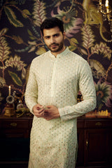 Ice Blue Chikankari Kurta with intricate multi-threadwork and detailed embroidered ghera. - kasbahmen